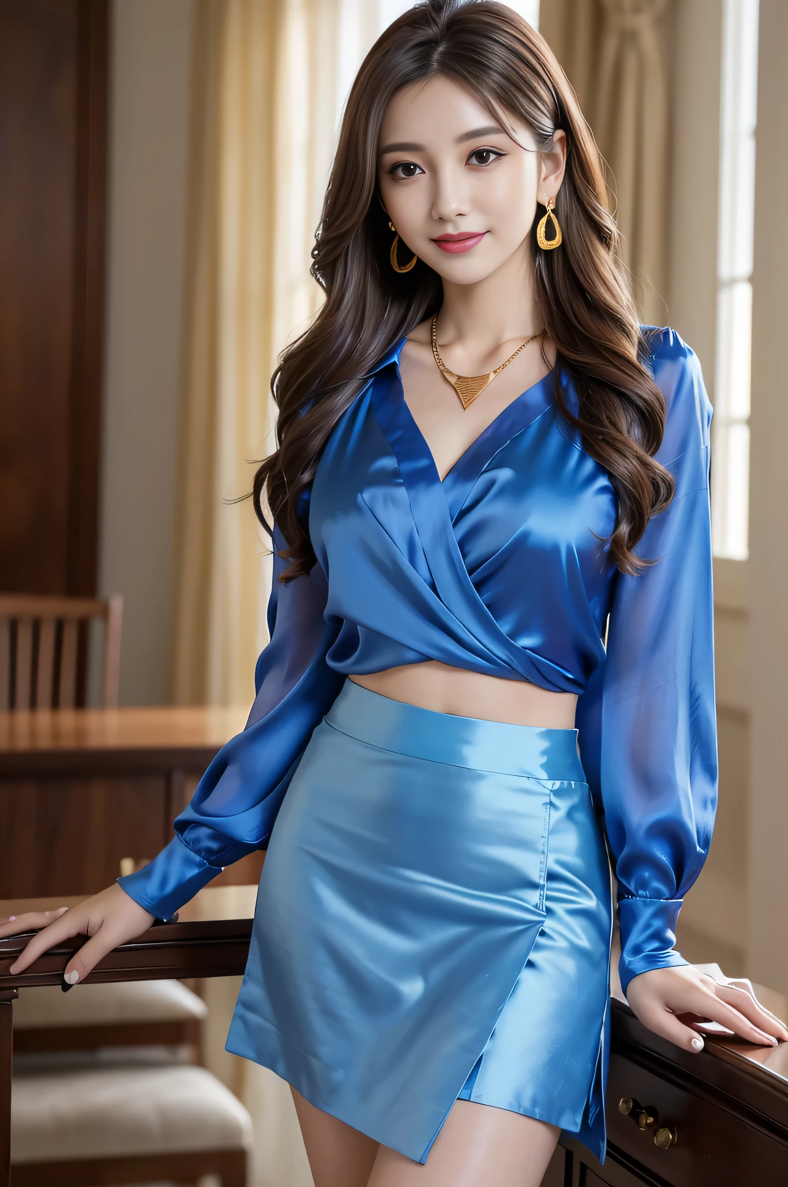 table top, highest quality, realistic, Super detailed, finely, High resolution, 8k wallpaper, 1 beautiful woman,, sharp focus, perfect dynamic composition, beautiful and detailed eyes, thin hair, Detailed realistic skin texture, smile, close-up portrait, model body shape、president'secretary of、mini skirt、high heels、whole body、suit,((Super long brown hair:1.2))((Hair with loose waves on the inside:1.2)),((gold necklace_Larger earrings:1.2)),((shy smile:1.3)),((blouse and skirt, wearing a blue silk blouse, Please wear a blue shirt and blue skirt:1.3)), 、whole bodyショット、((立っているwhole body図スーパーモデル, whole bodyがフレーム内に収まる))、in a luxurious room、