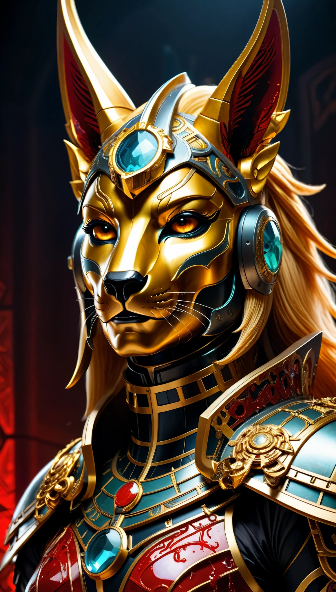 Horned golden-headed creature, Portrait of Dragon Knight, Mysterious Anubis Valkyrie, Super detailed fantasy characters, Robot dragon portrait, Sleipnir&#39;s photo, ghost of anubis, (Covered in blood from head to toe)., v-shaped eyebrows, chiaroscuro, sparkle, dutch angle, Wide-Angle, f/4.0, Sony FE GM, zoom layer, Wide-Angle, panorama, anaglyph, Cubist Futurism, by Alfons Mucha, UHD, masterpiece, ccurate, anatomically correct, super detail, high details, award winning, best quality, highres, high quality