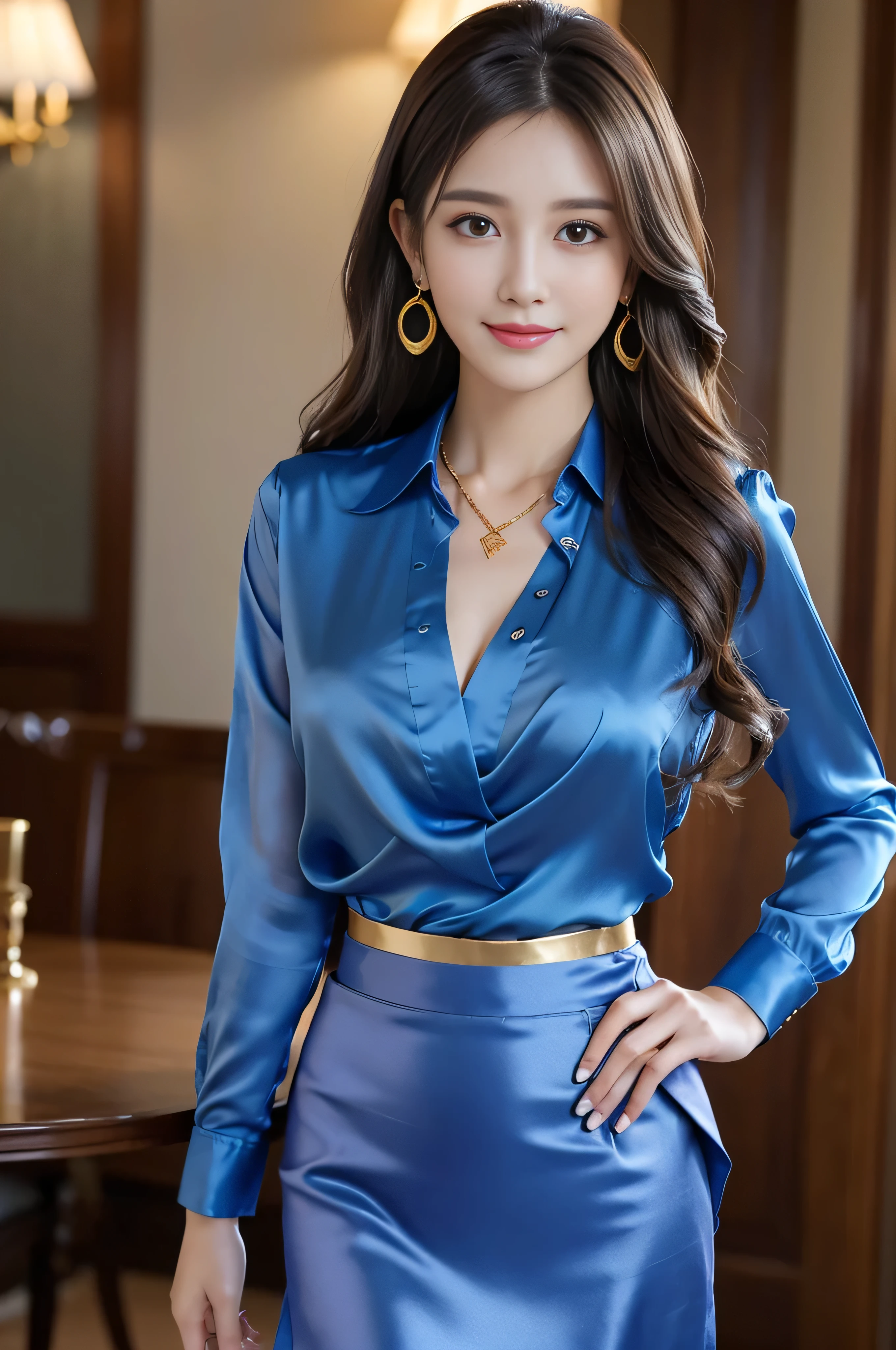 table top, highest quality, realistic, Super detailed, finely, High resolution, 8k wallpaper, 1 beautiful woman,, sharp focus, perfect dynamic composition, beautiful and detailed eyes, thin hair, Detailed realistic skin texture, smile, close-up portrait, model body shape、president&#39;secretary of、mini skirt、high heels、whole body、suit,((Super long brown hair:1.2))((Hair with loose waves on the inside:1.2)),((gold necklace＿Larger earrings:1.2)),((shy smile:1.3)),((blouse and skirt, wearing a blue silk blouse, Please wear a blue shirt and blue skirt,shirt inside skirt:1.3)), 、whole bodyショット、((立っているwhole body図スーパーモデル, whole bodyがフレーム内に収まる))、in a luxurious room、