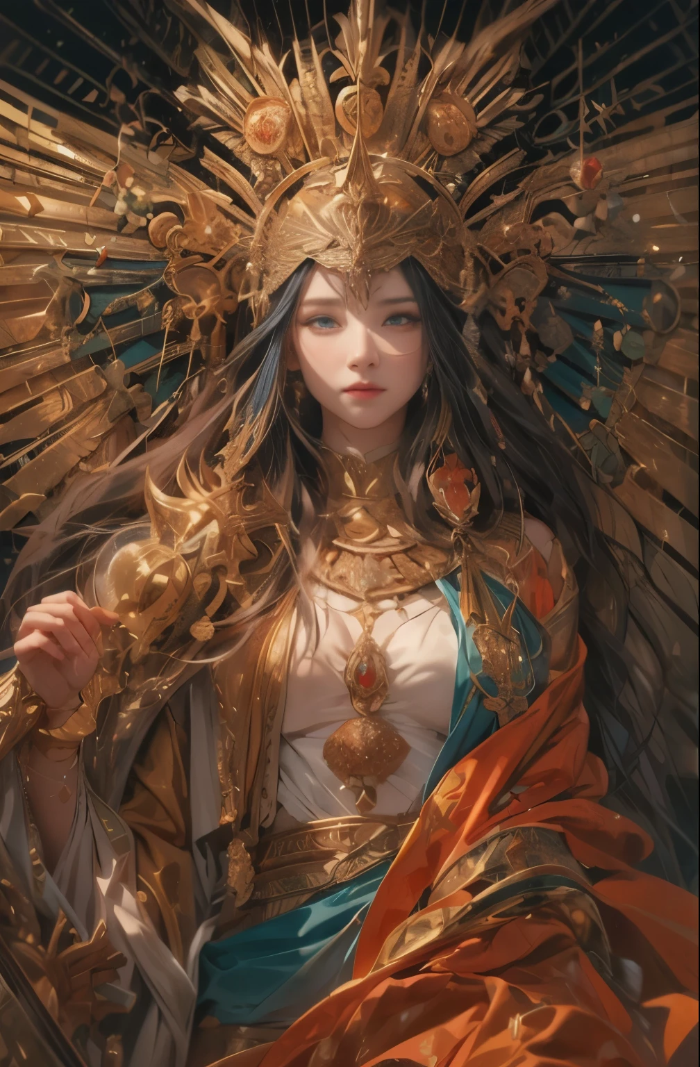 Gold and red tones、fantasy、Ancient mythology、ancient mesopotamia、hour of dusk、Mysterious、solemnity、majestic、highest quality, masterpiece、Ishtar, goddess of war、majestic hall々, battlefield commander、Guardian of Babylon、increase fighting spirit、queen of babylon, invincible general、Majestic Hall々、Brave、glory of babylon、honor of babylon、Treasure of Babylon, veteran hero、The unparalleled beauty of elongated eyes、refinement、Noble、i am proud、Wearing Noble jewelry、Equip your weapons、looks like fancy golden armor、cloak fluttering in the wind、Tall and lean、fiery red long hair、perfect angle、perfect composition、Low - Angle、Full body Esbian, Works that influenced Chen Yifei, Works that influenced Francesco Hayes, Inspired by Hendrik Terbruggen, Jean＝Works that influenced Auguste Dominique Ingres, Works that influenced Liu Jun, Jean＝Works that influenced Auguste Dominique Ingres, highest quality, perfect angle, perfect composition, best shot, official art, cinematic light, figurative art, Beautiful and expressive paintings, Beautiful artwork illustration, wonderful, cool beauty, clear, Mysterious, highest quality, official art, Very delicate and detailed painting style, Beautiful painting art, perfect light, perfect composition, perfect angle, The perfect subject, best shot, women only, sharp outline, pretty much beautiful face, very beautiful and delicate eyes, delicate and beautiful eyes, Close-up