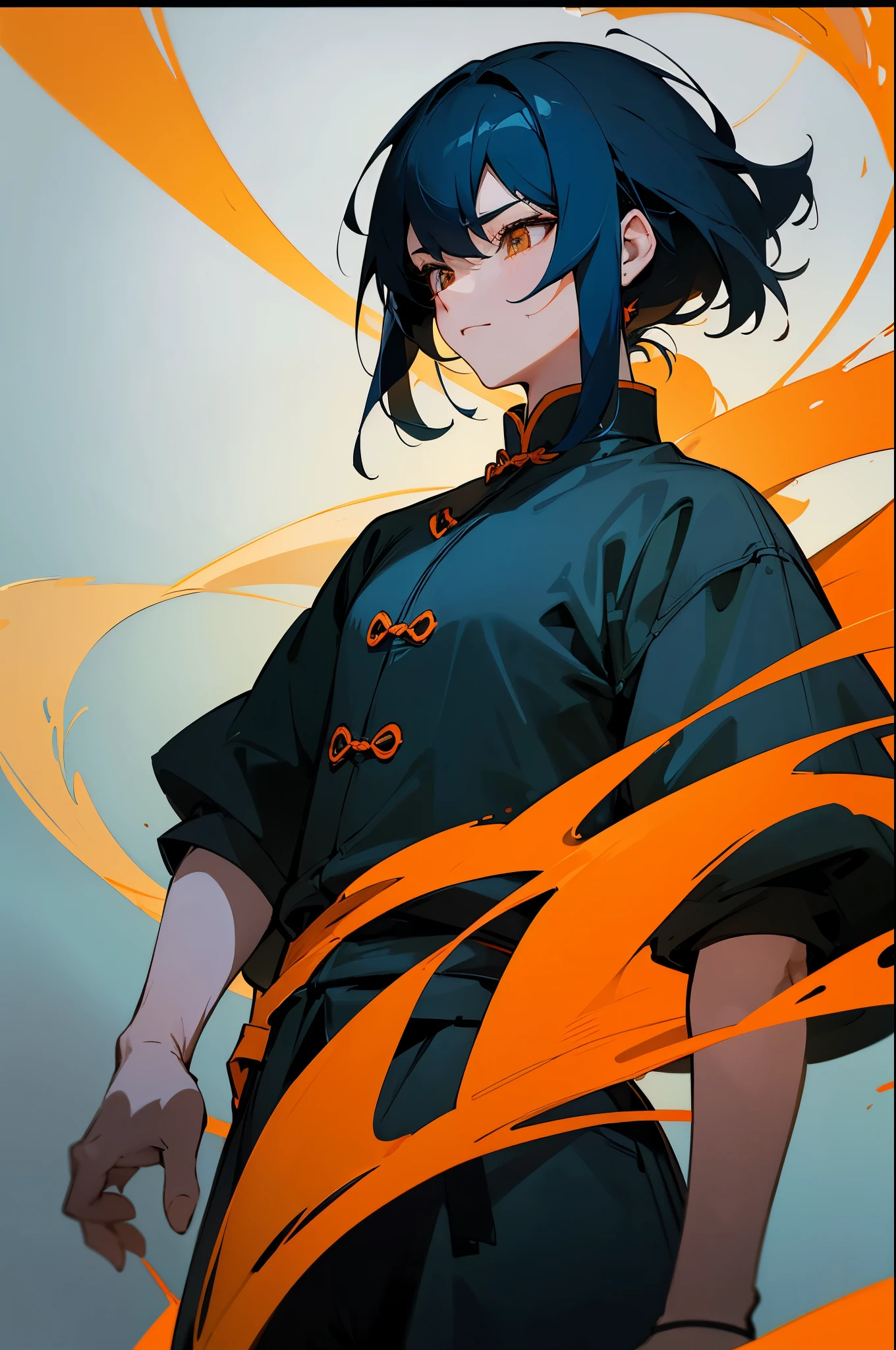 chinese manga artist yi jing is dressed in all black, in the style of street scenes with vibrant colors, 2d game art, neal adams, light orange and dark blue, handsome, smooth surface, colored cartoon style , 32k, best quality, masterpiece, super detail, high details