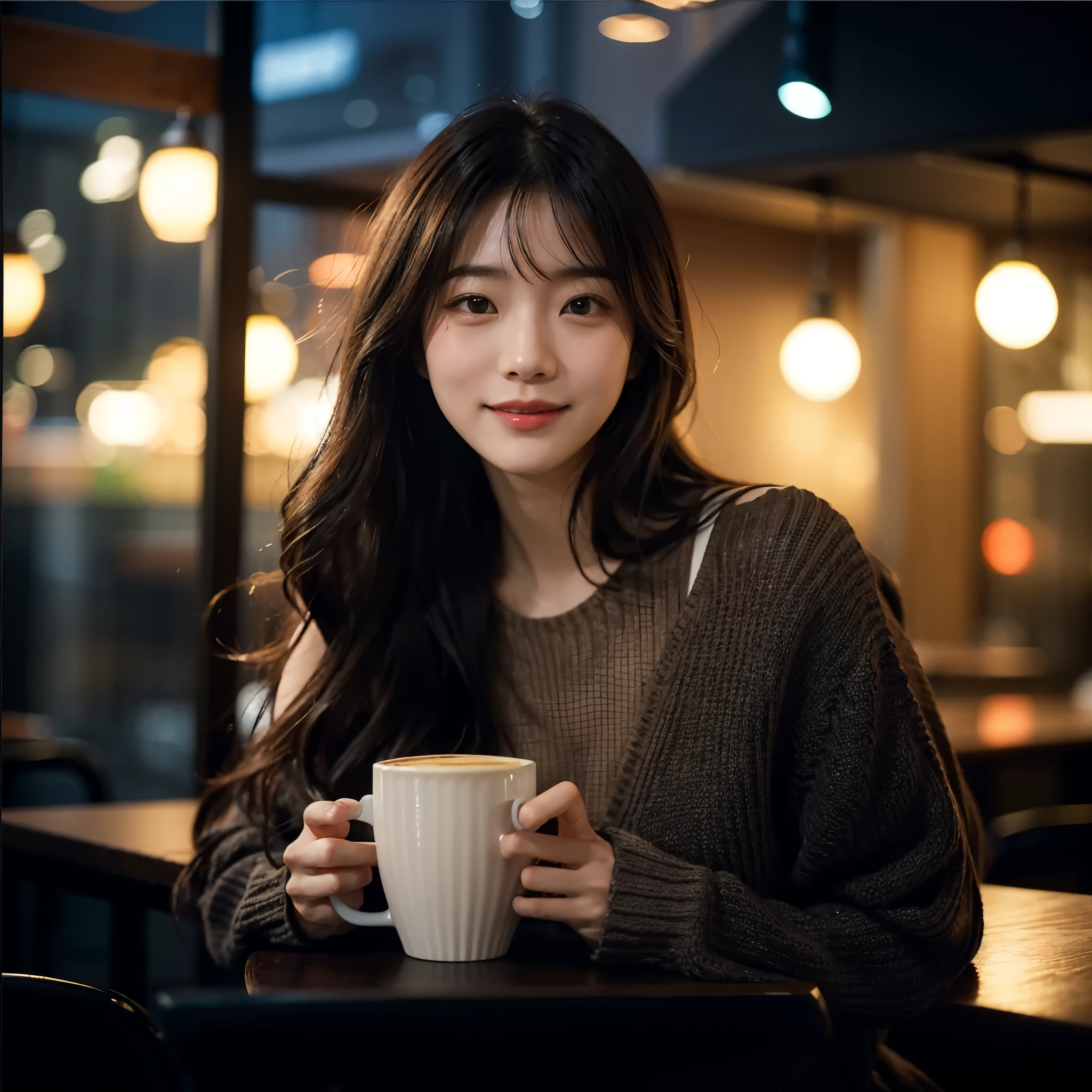 8k Uhd, Dslr,Film Grain, Fujifilm XT3,(Best Quality:1.3), (Masterpiece:1.1), High Resolution, Cinematic Light, Intricate Details, (Photorealistic), starry night Outside,street downtown cafe scenery, stylish Japanese Girl ((REI KAMIKI:1.3)) ,(In Cafe:1.5), Ulzzang Makeup, Expressive happy, hold a cup of cofee, long hazel hair with bangs, Looking At Viewer, Bare Shoulders, Ribbed Sweater, Pencil Skirt, High-Waist Skirt, cozy Sitting, cute gestures, Black Pantyhose, smile, Detail Face (Full Body:1.6)