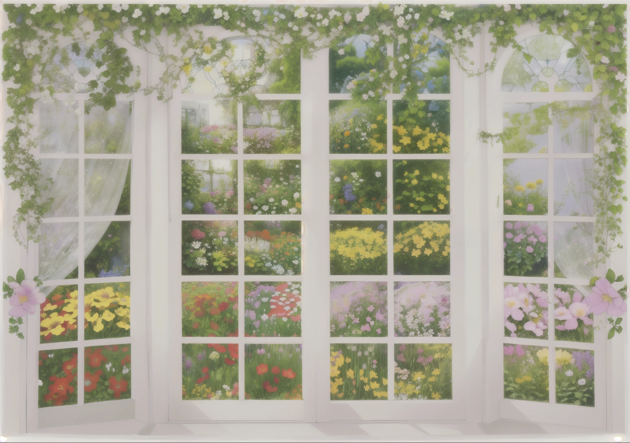 View of the garden through a window filled with flowers, Plant rainbow background, Beautiful garden background, garden with flowers background, photo of a beautiful window, Sunny bay window, Open window ib background, With colorful flowers and plants, Natural window lighting, Cottage core garden, Windows with flower boxes, Detailed Landscape—Width 672, garden with flowers