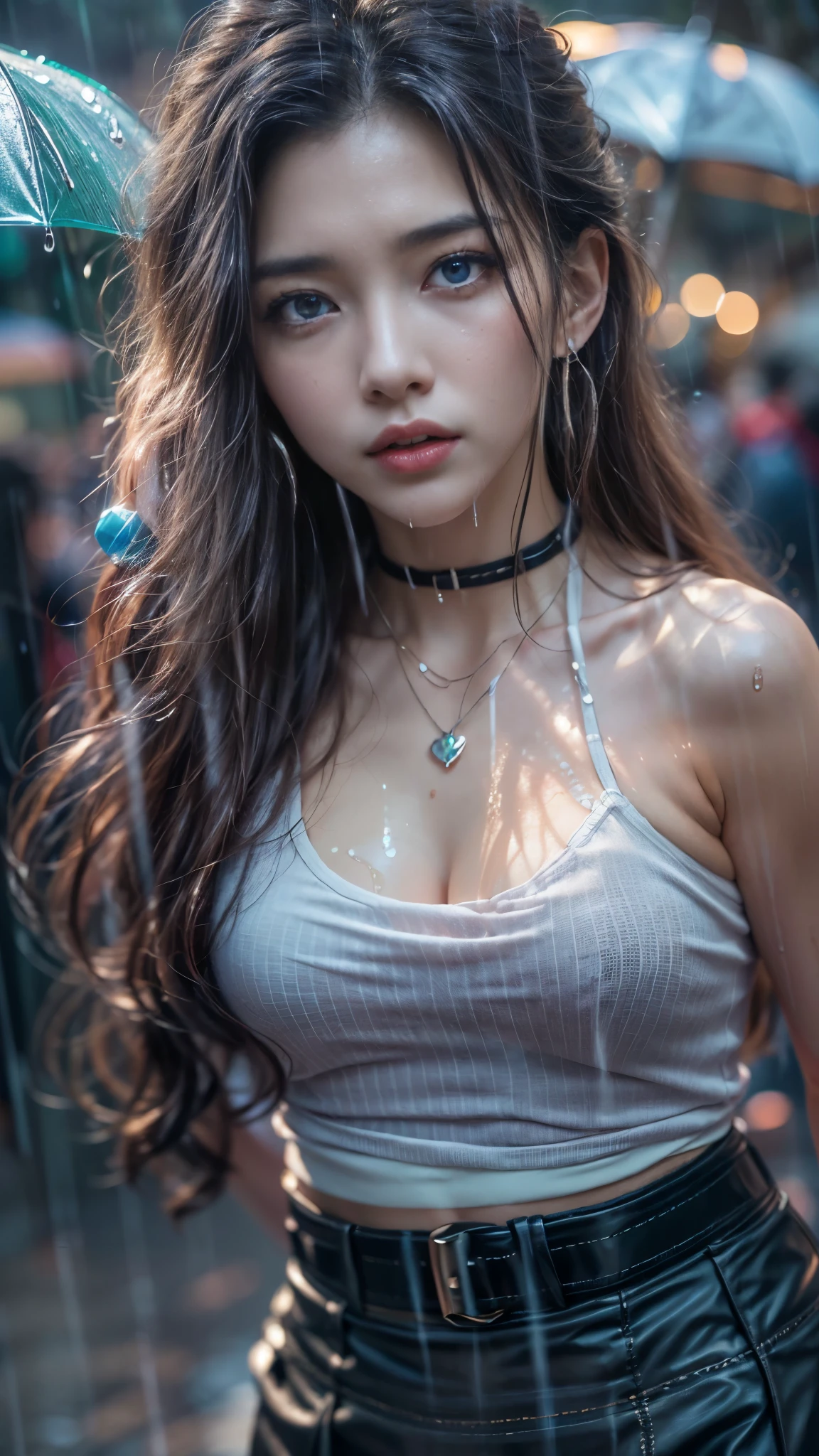 (RAW shooting, Photoreal:1.5, 8K, highest quality, masterpiece, ultra high resolution), perfect dynamic composition:1.2, Night street corner of a modern city, expression of sadness:0.5, (((Typhoon heavy rain))), Highly detailed skin and facial textures:1.2, Slim office lady wet in the rain:1.3, Fair skin, sexy beauty:1.1, perfect style:1.2, beautiful and aesthetic:1.1, very beautiful face, water droplets on the skin, (rain drips all over my body:1.2, wet body, wet hair:1.4, wet skirt:1.2, wet tank top:1.3), belt, (Medium chest, Bra is transparent, Chest gap), (cry, lovelorn, The expression on your face when you feel intense caress, Facial expression when feeling pleasure), (beautiful blue eyes, Eyes that feel beautiful eros:0.8), (Too erotic:0.9, Bewitching:0.9), cowboy shot, Shoulder bag, necklace, earrings, bracelet, clock