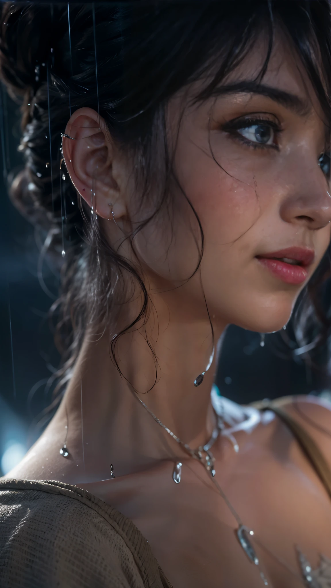 (RAW shooting, Photoreal:1.5, 8K, highest quality, masterpiece, ultra high resolution), perfect dynamic composition:1.2, Night street corner of a modern city, expression of sadness:0.5, (((Typhoon heavy rain))), Highly detailed skin and facial textures:1.2, Slim office lady wet in the rain:1.3, Fair skin, sexy beauty:1.1, perfect style:1.2, beautiful and aesthetic:1.1, very beautiful face, water droplets on the skin, (rain drips all over my body:1.2, wet body, wet hair:1.4, wet skirt:1.2, wet tank top:1.3), belt, (Medium chest, Bra is transparent, Chest gap), (cry, lovelorn, The expression on your face when you feel intense caress, Facial expression when feeling pleasure), (beautiful blue eyes, Eyes that feel beautiful eros:0.8), (Too erotic:0.9, Bewitching:0.9), cowboy shot, Shoulder bag, necklace, earrings, bracelet, clock