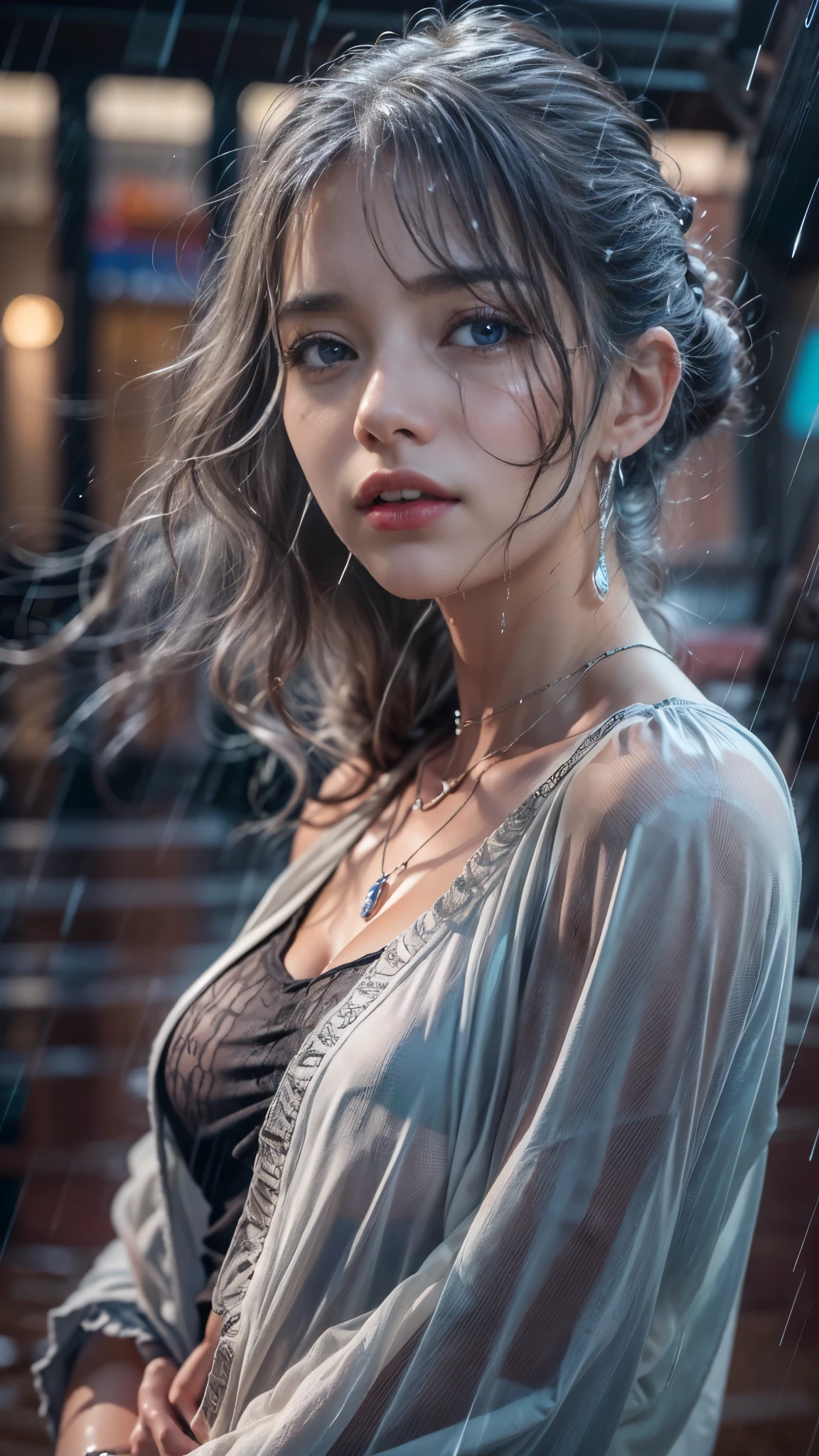 (RAW shooting, Photoreal:1.5, 8K, highest quality, masterpiece, ultra high resolution), perfect dynamic composition:1.2, Night street corner of a modern city, expression of sadness:0.5, (((Typhoon heavy rain))), Highly detailed skin and facial textures:1.2, Slim office lady wet in the rain:1.3, Fair skin, sexy beauty:1.1, perfect style:1.2, beautiful and aesthetic:1.1, very beautiful face, water droplets on the skin, (rain drips all over my body:1.2, wet body, wet hair:1.4, wet skirt:1.2, wet tank top:1.3), belt, (Medium chest, Bra is transparent, Chest gap), (cry, lovelorn, The expression on your face when you feel intense caress, Facial expression when feeling pleasure), (beautiful blue eyes, Eyes that feel beautiful eros:0.8), (Too erotic:0.9, Bewitching:0.9), cowboy shot, Shoulder bag, necklace, earrings, bracelet, clock