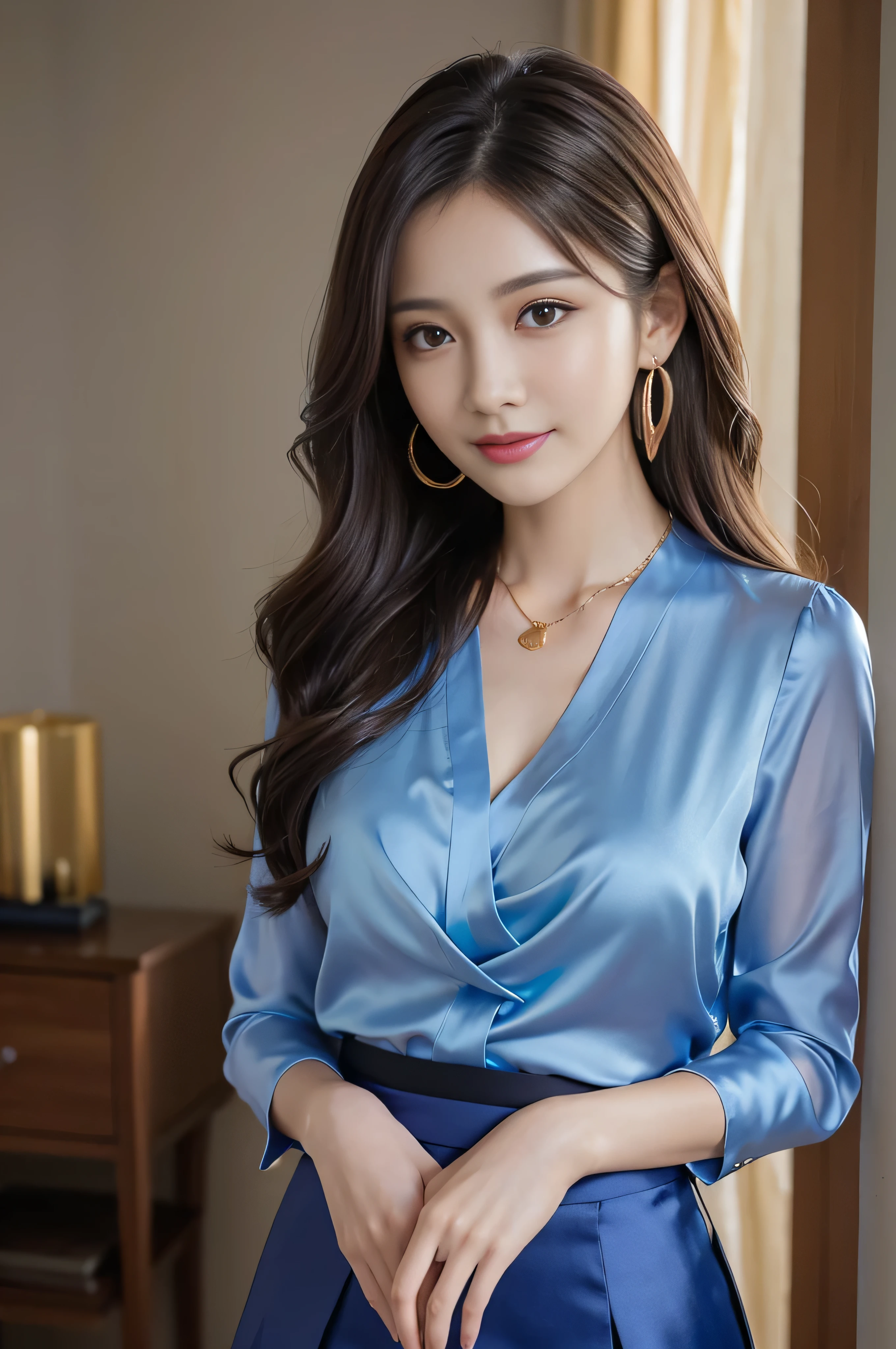 table top, highest quality, realistic, Super detailed, finely, High resolution, 8k wallpaper, 1 beautiful woman,, sharp focus, perfect dynamic composition, beautiful and detailed eyes, thin hair, Detailed realistic skin texture, smile, close-up portrait, model body shape、president'secretary of、mini skirt、high heels、whole body、suit,((Super long brown hair:1.2))((Hair with loose waves on the inside:1.2)),((gold necklace_big earrings:1.2)),((shy smile:1.3)),((blouse and skirt, wearing a blue silk blouse, Please wear a blue shirt and blue skirt,skirt inside shirt:1.3)), 、whole bodyショット、((立っているwhole body図スーパーモデル, whole bodyがフレーム内に収まる))、in a luxurious room、