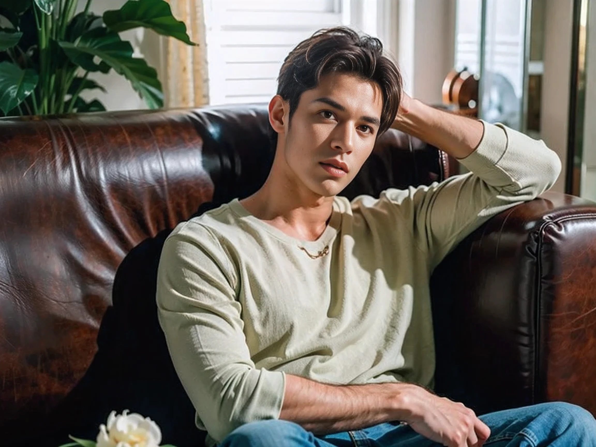 Realistic photography, handsome man  ,sitting on the sofa , living room,Embossed