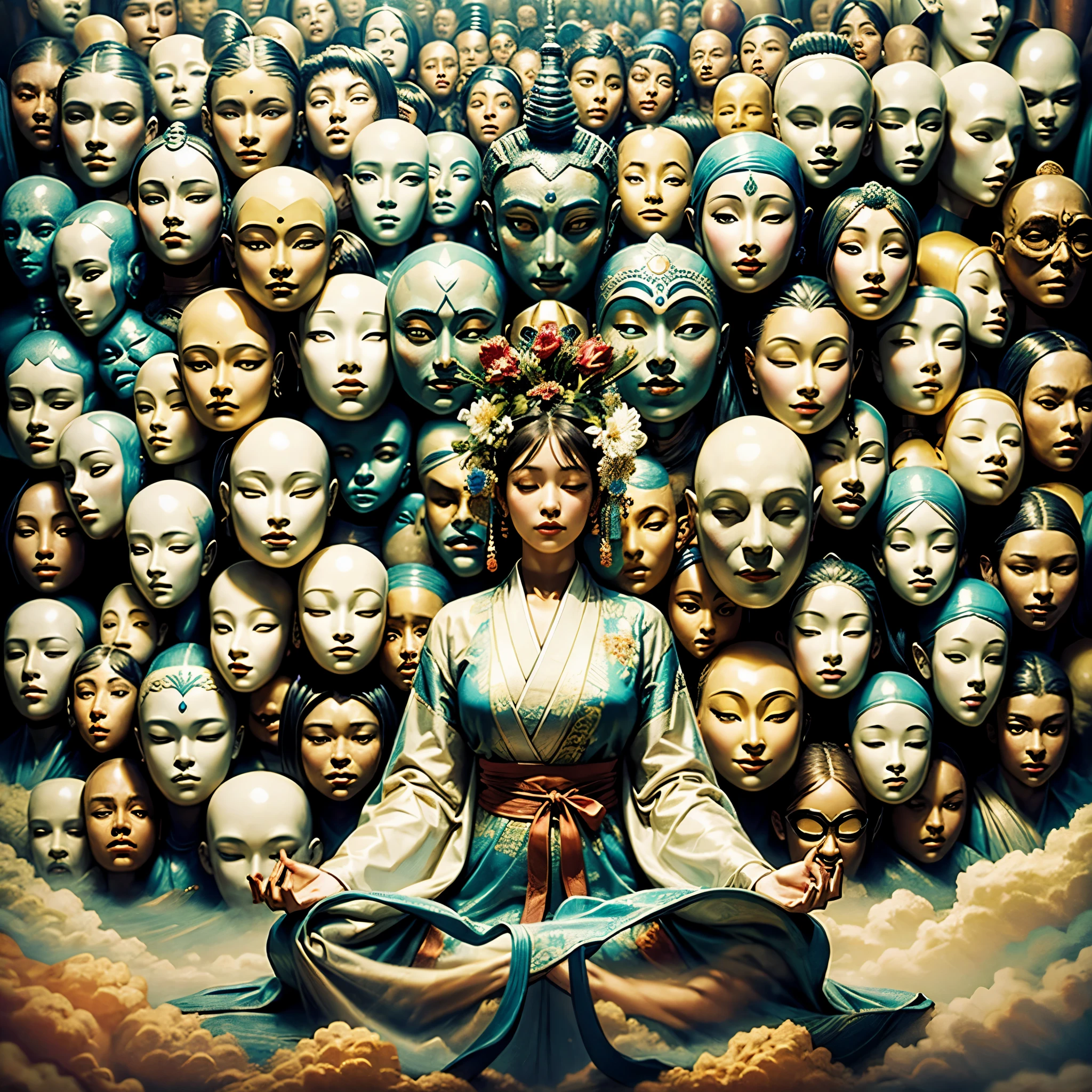 a woman meditating in front of lots of masks, in the style of zhang jingna, photomontage, hirohiko araki, oriental, sergio toppi, theatrical, poster art
(full body:1.5),