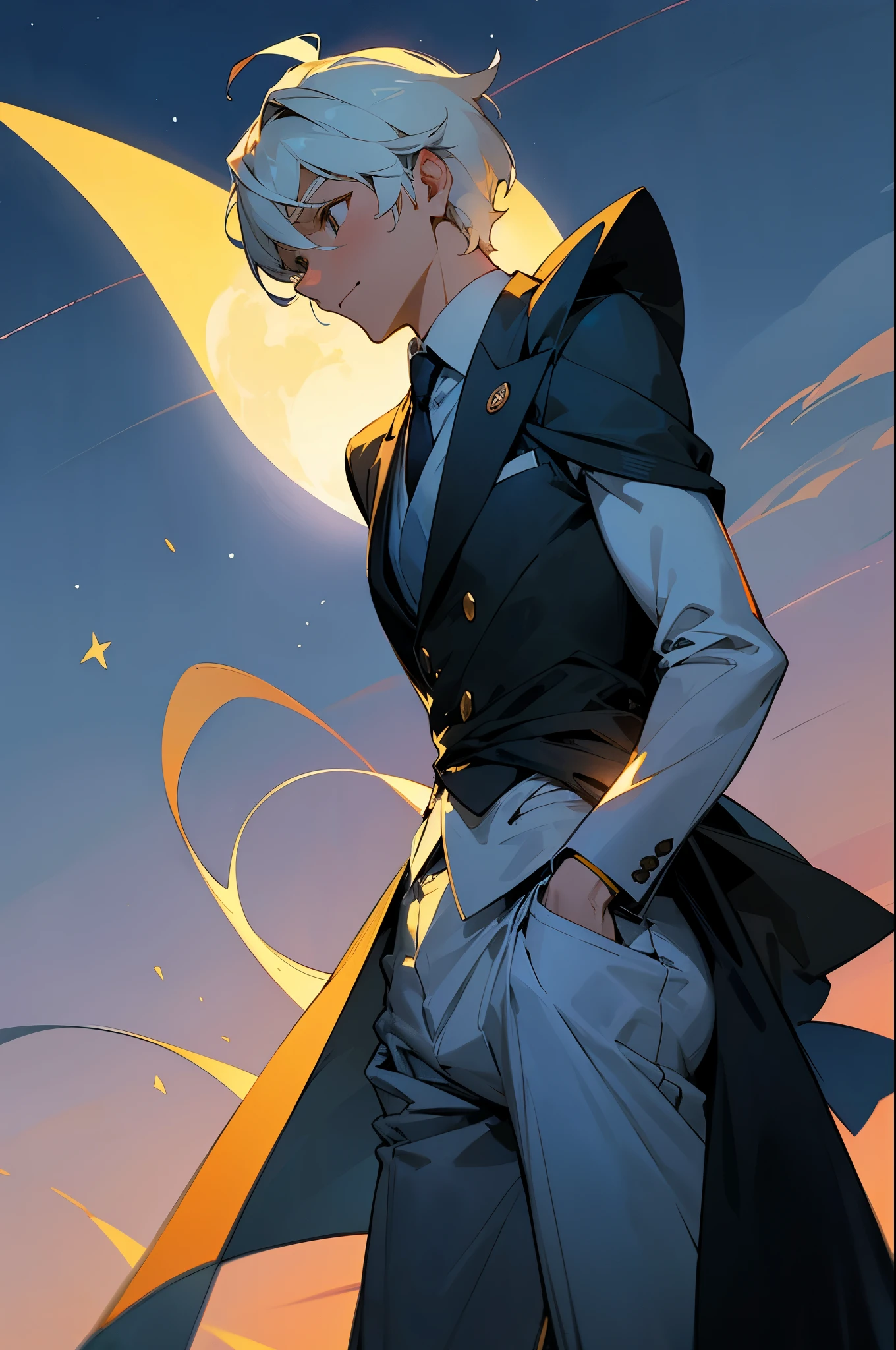 Draw a full-fledged footballer，Standing on the steppe at night，Quiet and comfortable background，He wears the same suit as the country's president，The suit fits perfectly，rays of sunshine，cheerful big breasts，Handsome，eyes with brightness，The man looks confident and determined，looking-down，Crew cut，full bodyesbian，Stars dot the sky，shooting from below，Big moon highlights background
