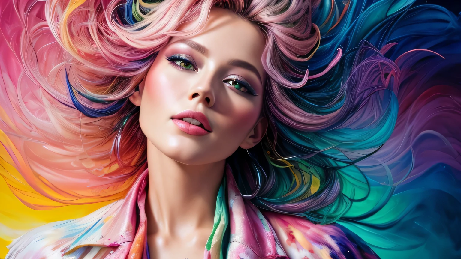 Mulher bonita e colorida: Mulher de 25 anos, Messy hair, oil painting, beautiful and rosto perfeito with soft skin, rosto perfeito, pink green cores, light and violet magnetic additions, light red additions, Doutor, wearing Doutor's coat or suit holding newborn baby on lap intricate details home screen masterpiece in 8k resolution beautiful face photorealistic digital painting artstation smooth fluid black paint: Photorealistic masterpiece in 8K resolution: fluido de pintura em guache intrincadamente detalhado: by John Baptist Mongue: caligrafia : acrylic: Arte em aquarela, fotografia profissional, natural lighting, Ilustra??o fotografica maximalista com ilumina??o volumetric: por Marton Bobzert: complex, elegante, expansivo, Fantastic