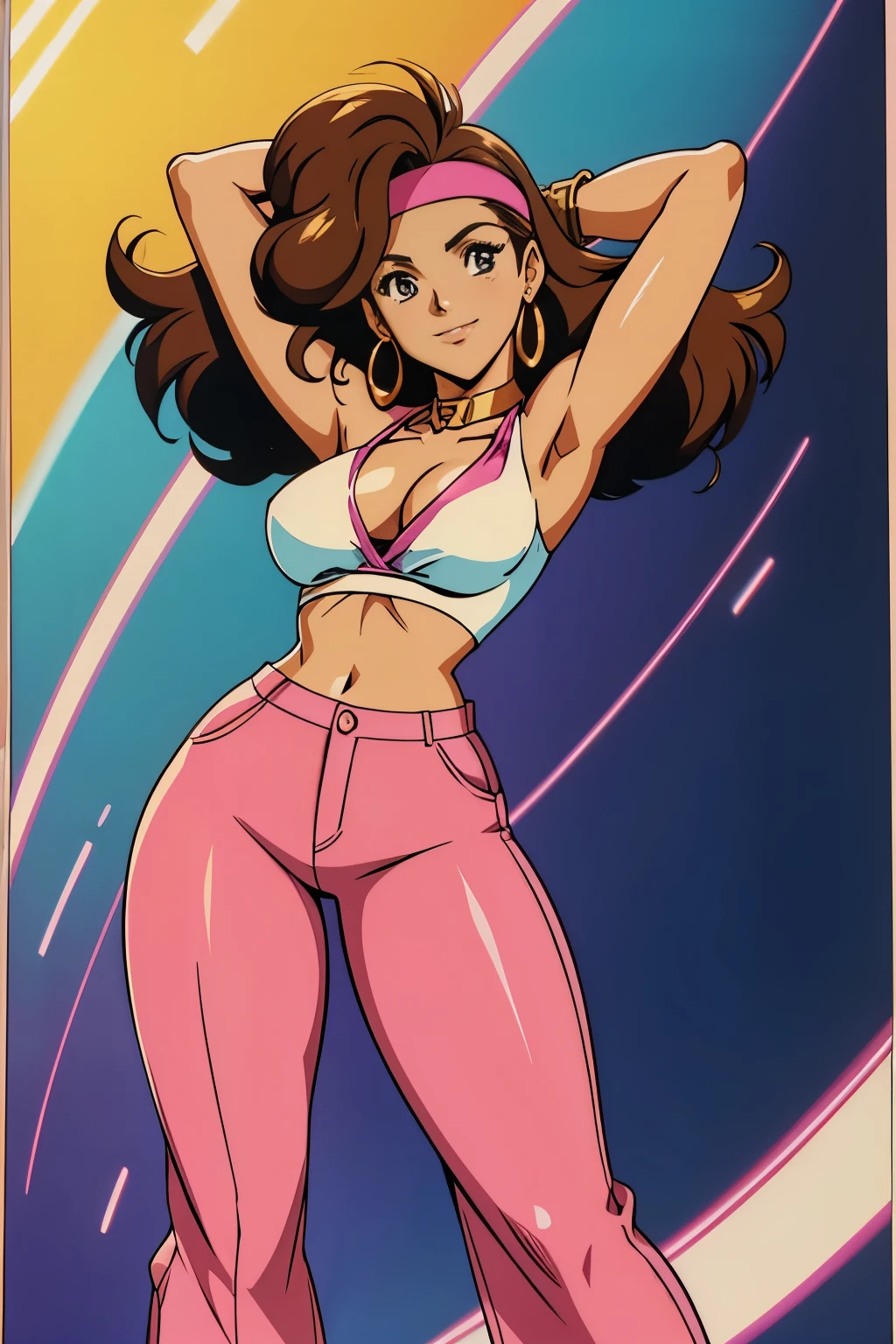 pretty girl from an 80s anime, 80s anime fog, static like from an 80s anime, 1980s \(style\), straight hair, medium hair, smiling, action anime, dancing, arms out, bandana, headband, round sunglasses, disco outfit, flowing loose pants, brown pants, halter top collar, cleavage, disco girl outfit, young girl, brown hair, gold bracelets, gold earrings,