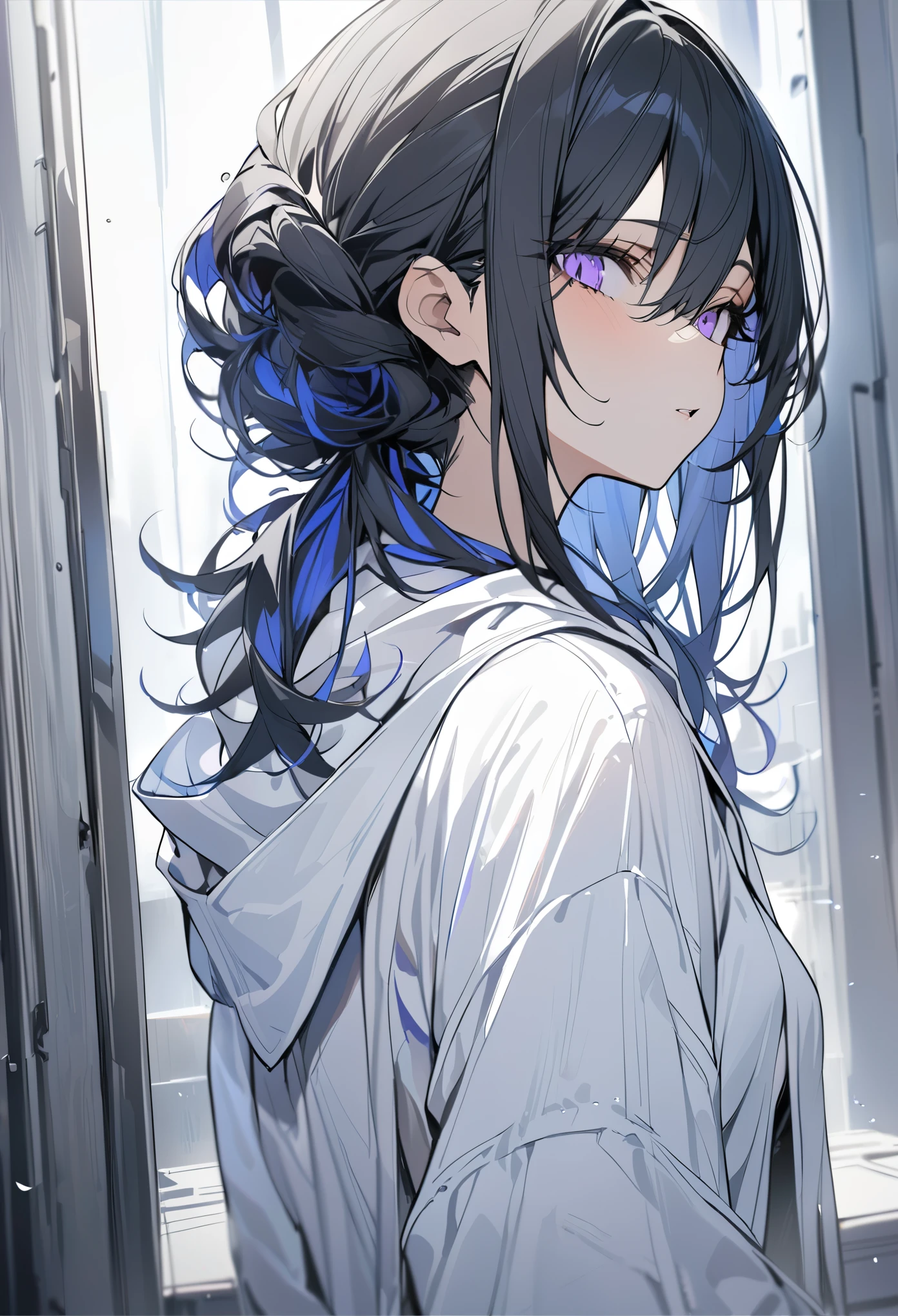 Masterpiece, highres, 1 female, solo, medium length hair, wolf cut hairstyle, black hair with side blue highlights, sharp eyes, violet eyes, white shirt, white hood, white pants, half body shot.