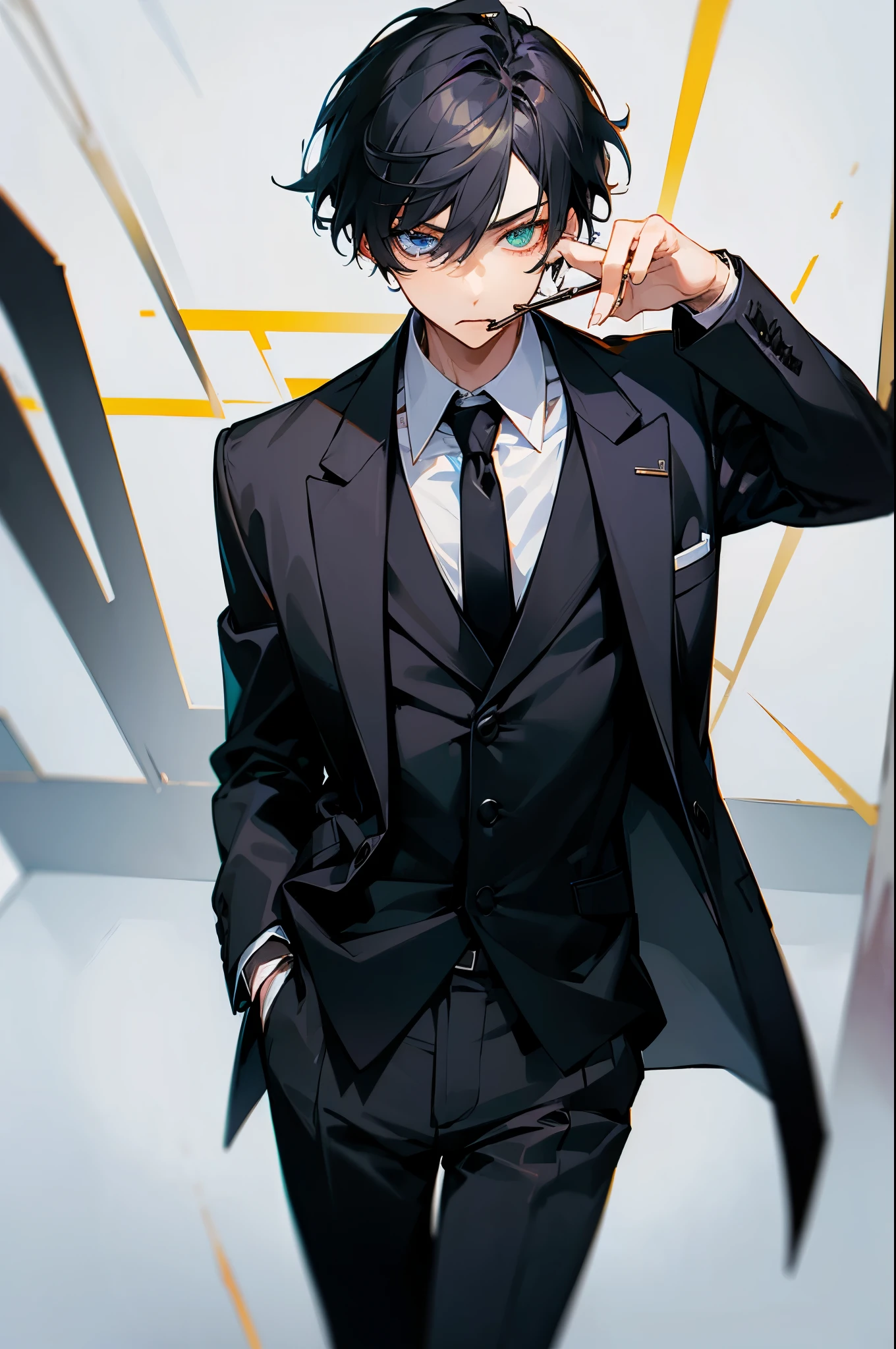 (masterpiece, best quality:1.2), solo, male focus, 1boy, justtnp, pocky in mouth, looking at viewer, hands in pockets, heterochromia, formal, black jacket, black necktie, black pants