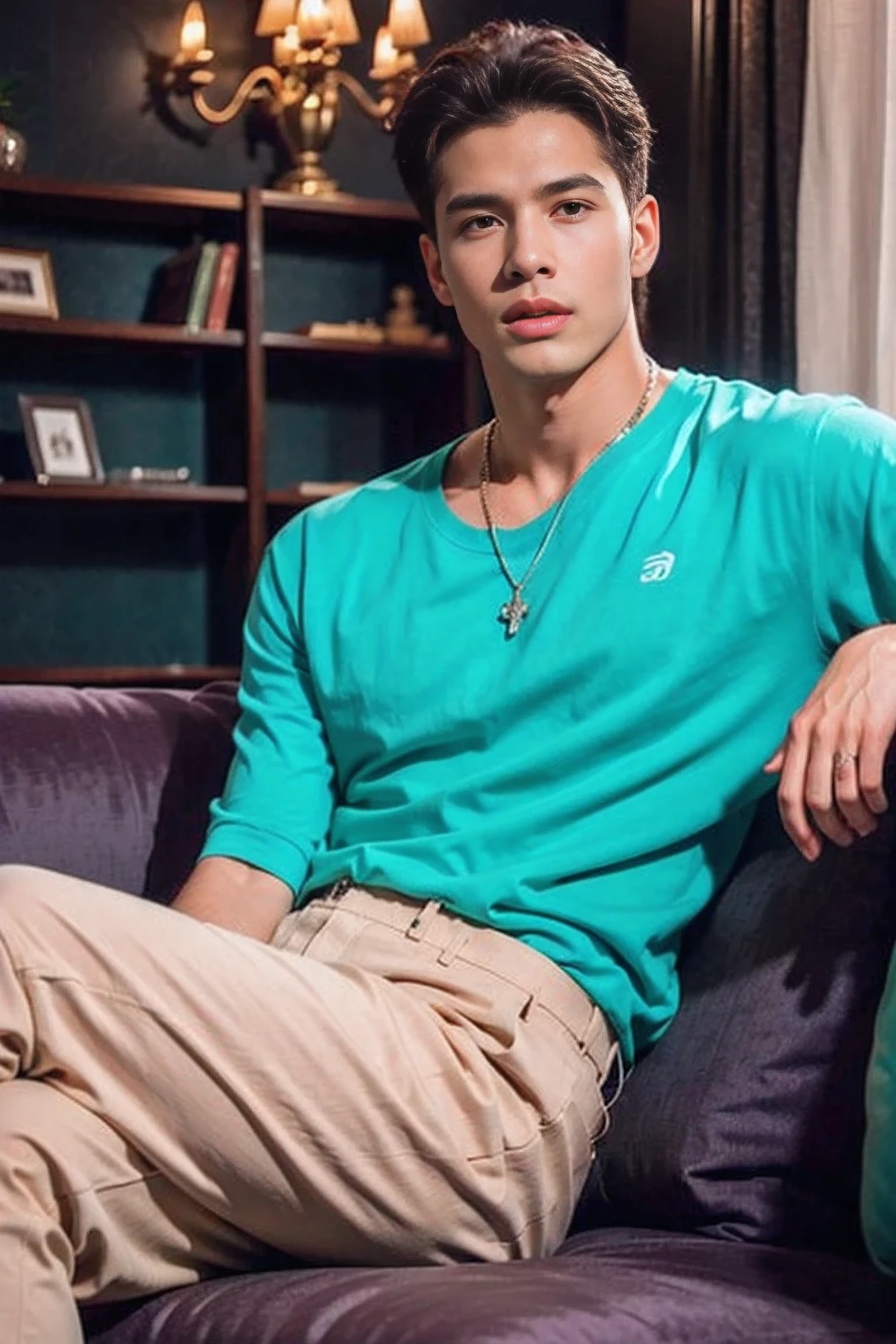 Realistic photography, handsome man ,sitting on the sofa , living room,Embossed