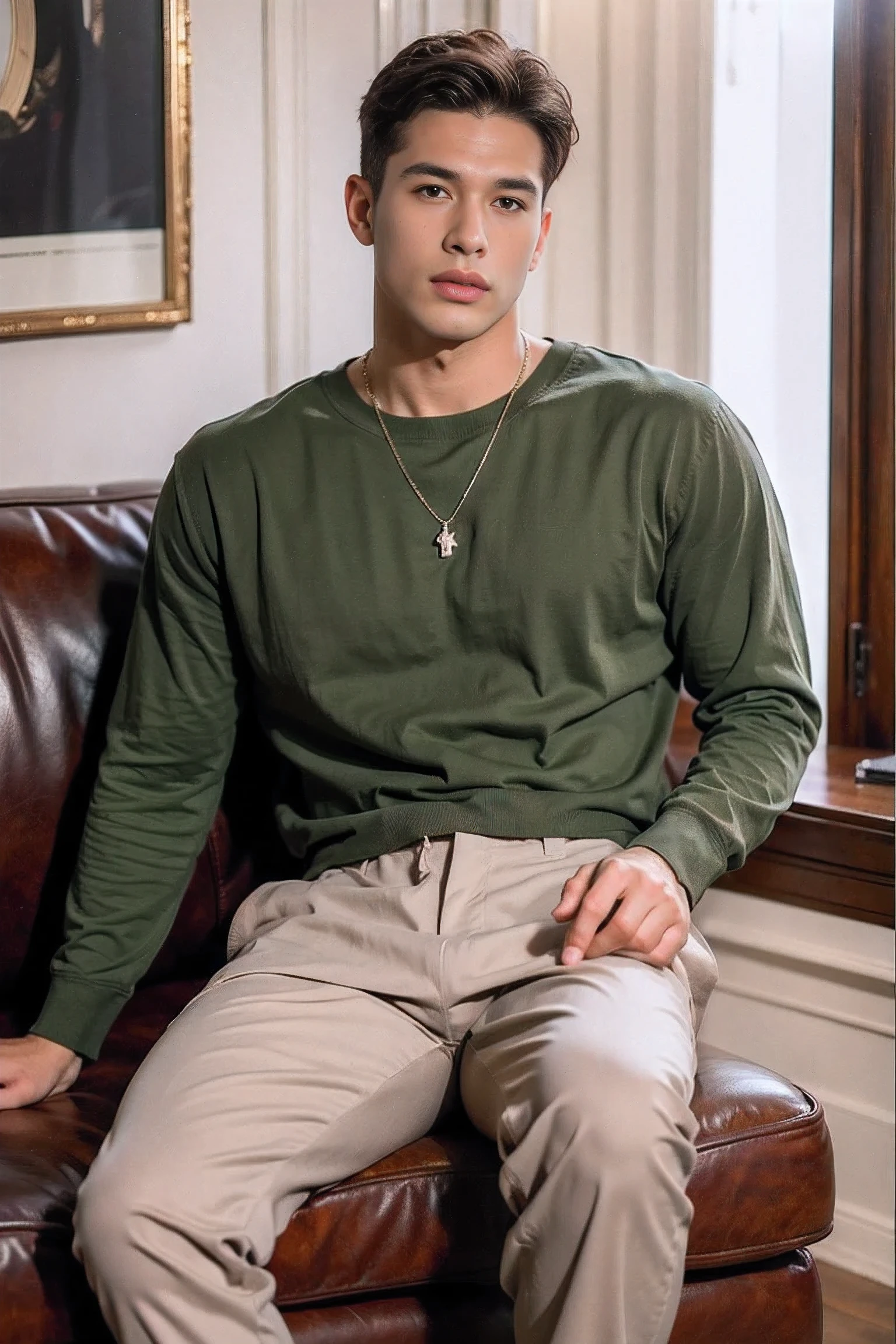 Realistic photography, handsome man  ,sitting on the sofa , living room,Embossed