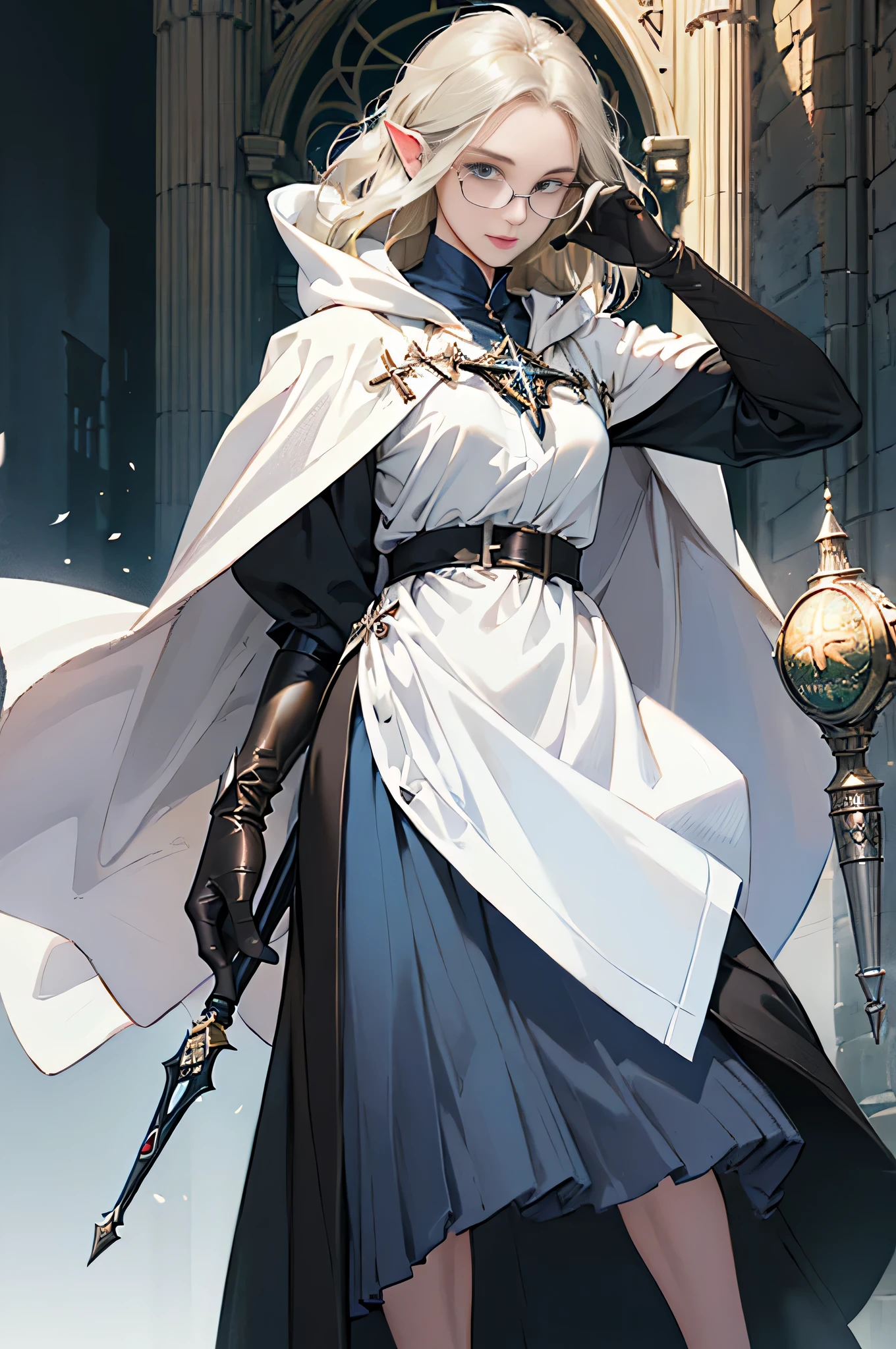 (((((girl))))), masterpiece, super detailed, 8K portrait, Raw photo, female portrait photography, full body, Highly detailed smile, ((fantasy)), (((hobbit))), ((adult)), 45 years old, 110cm, (((Alchemist))), ((white skin)), (((Greenish dark brown long straight hair))), dull bangs, (((navy blue silk long cloak))) fluttering in the wind, (((white inner coat))), long skirt leather gloves, (((Glasses))), (((equip a cane))), midday sun, surreal, slender body, Near the fog castle, environmental lighting, shadow details, focus the camera on the face, strong wind, light fog