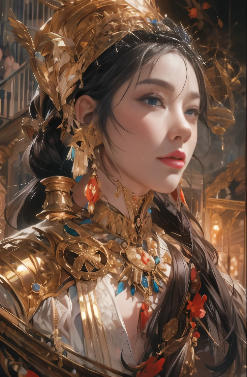 Gold and red tones、fantasy、Ancient mythology、ancient mesopotamia、hour of dusk、Mysterious、solemnity、majestic、highest quality, masterpiece、Ishtar, goddess of war、majestic hall々, battlefield commander、Guardian of Babylon、increase fighting spirit、queen of babylon, invincible general、Majestic Hall々、Brave、glory of babylon、honor of babylon、Treasure of Babylon, veteran hero、The unparalleled beauty of elongated eyes、refinement、Noble、i am proud、Wearing Noble jewelry、Equip your weapons、looks like fancy golden armor、cloak fluttering in the wind、Tall and lean、fiery red long hair、perfect angle、perfect composition、Low - Angle、Full body Esbian, Works that influenced Chen Yifei, Works that influenced Francesco Hayes, Inspired by Hendrik Terbruggen, Jean=Works that influenced Auguste Dominique Ingres, Works that influenced Liu Jun, Jean=Works that influenced Auguste Dominique Ingres, highest quality, perfect angle, perfect composition, best shot, official art, cinematic light, figurative art, Beautiful and expressive paintings, Beautiful artwork illustration, wonderful, cool beauty, clear, Mysterious, highest quality, official art, Very delicate and detailed painting style, Beautiful painting art, perfect light, perfect composition, perfect angle, The perfect subject, best shot, women only, sharp outline, pretty much beautiful face, very beautiful and delicate eyes, delicate and beautiful eyes, Close-up