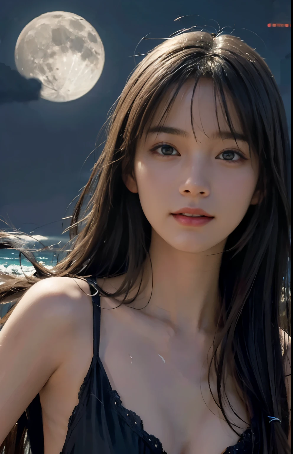 (A hyper-realistic), (illustratio), (hight resolution), (8K), (ighly detailed), (The best illustrations), (beatiful detailed eyes), (top-quality), (ultra-detailliert), (masterpiece), (detailed face), droopy eyes,full of sweat, slender body, long hair,inner colored,solo,Girl in simple dark bikini, huge , smile, ocean at night, moon