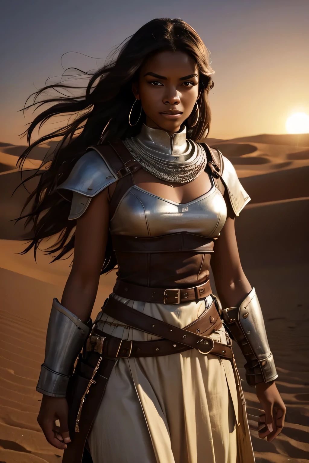 Create an image of a black woman in the desert at night, wear brown medieval pants and jacket. She is portrayed as a powerful and fearless warrior, without any sensuality. A areia do deserto se estende ao seu redor, as she holds a sword with determination and confidence. His gaze is serious and determined. incluir uma pantera ao lado
