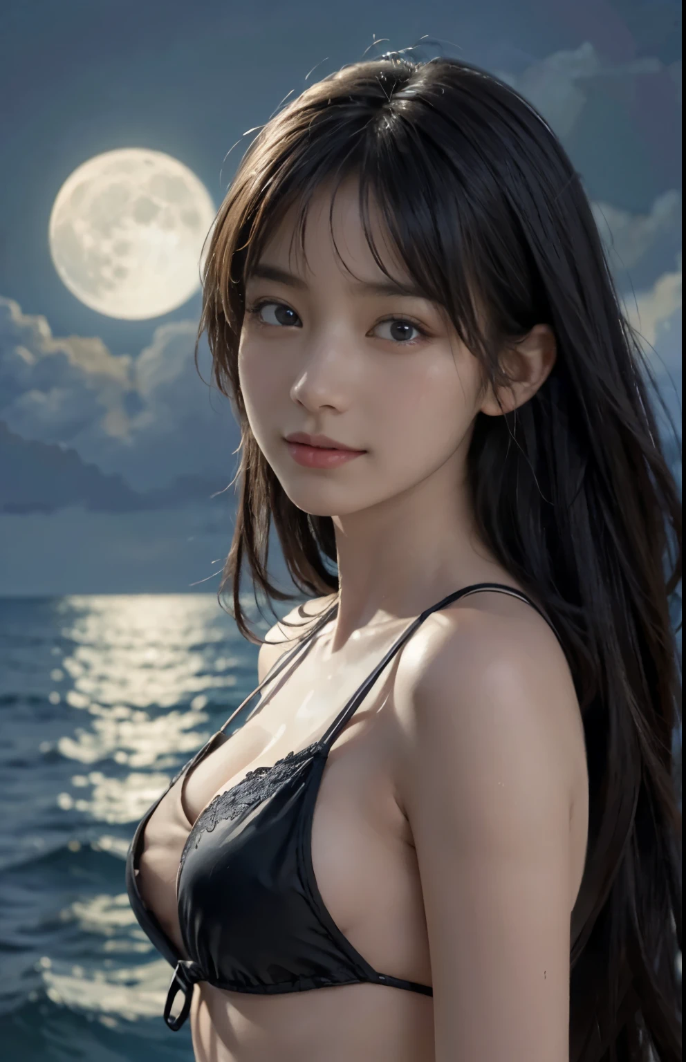 (A hyper-realistic), (illustratio), (hight resolution), (8K), (ighly detailed), (The best illustrations), (beatiful detailed eyes), (top-quality), (ultra-detailliert), (​masterpiece), (detailed face), droopy eyes,full of sweat, slender body, long hair,inner colored,solo,Girl in simple dark bikini, smile, ocean at night, moon