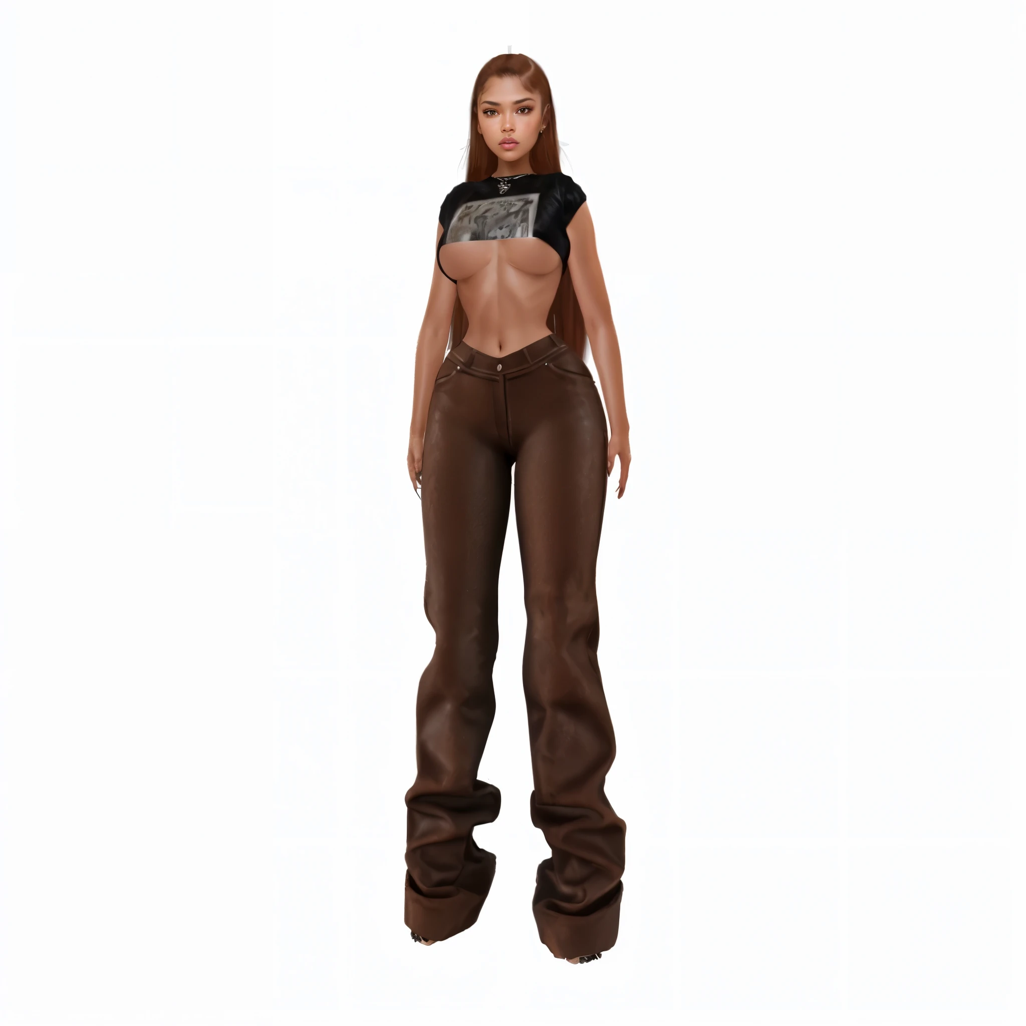 (masterpiece), (best quality), (ultra-detailed), ((masterpiece)) ((best quality)) ((ultra-detailed)) araffe woman in a brown leather outfit standing on a white surface, female full body, ( ( brown skin ) ), full body female, female outfit, ( brown skin ), fullbody, diesel punk female, inspired by Nyuju Stumpy Brown, distant full body view, ( ( dark skin ) ), leather pants, full body shot hyperdetailed