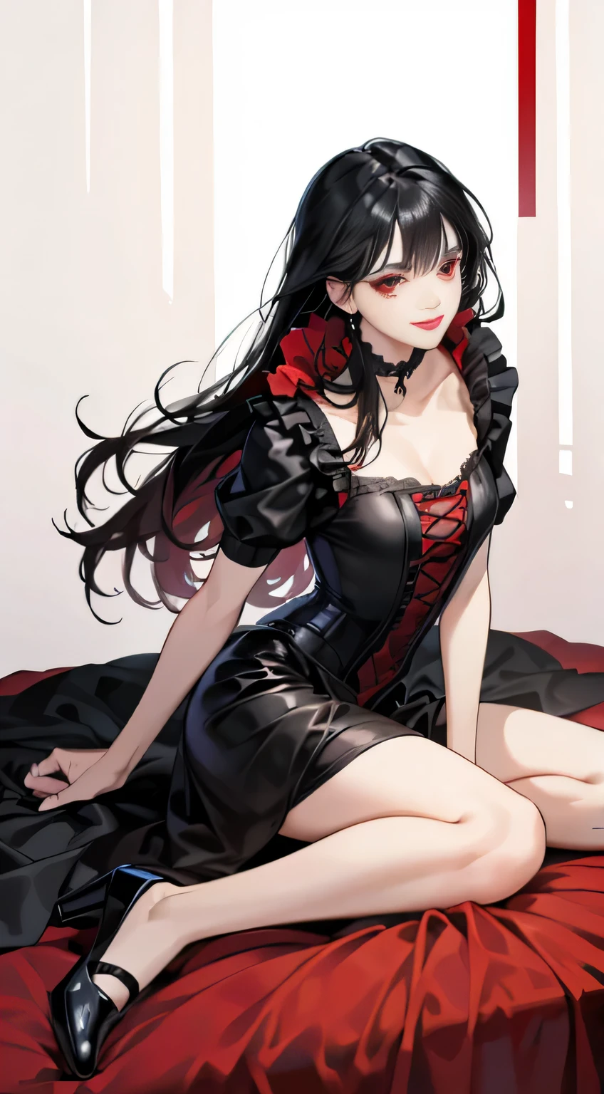 (highest quality,4k,High resolution),red highlights on black hair、long straight hair woman、clear eyes、red eyes、small、cute smile、long eyelashes、red eyeliner、sexy red lips、full body shot、Casual Gothic Mini Dress Fashion、leather corset、left and right contrast、There is no superfluous depiction on a pure white background、fashion model pose、Model-like photographic depiction、photo-realistic
