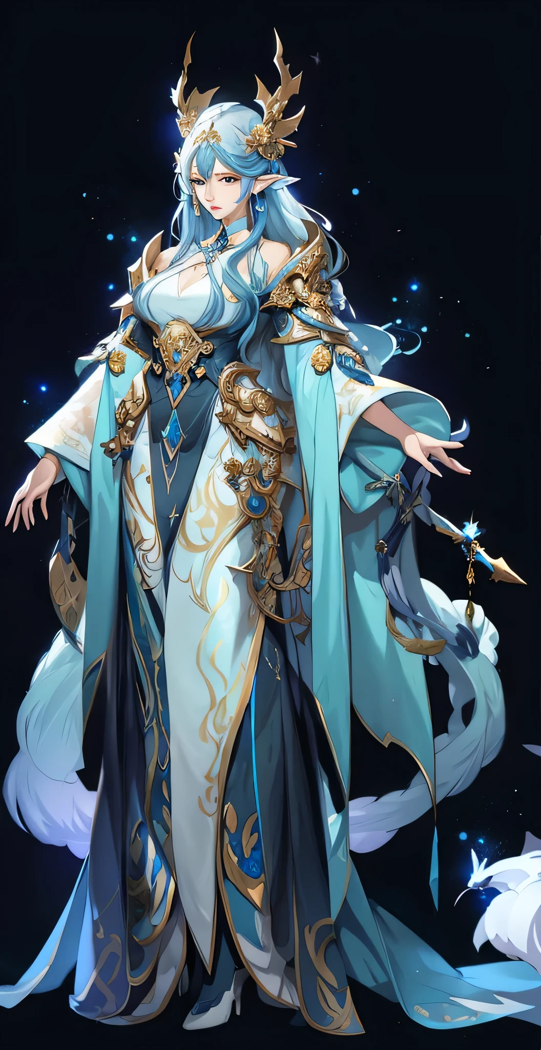 Woman wearing blue dress with white and gold dress, Beautiful celestial mage, Onmyoji Detailed Art, Epic and beautiful character art, Super detailed fantasy characters, Gorgeous flowing robe, Beautiful full body concept art, flowing magic robe, Kushat Krenz criticizes women in art, Stunning character art, Gorgeous flowing robes, Beautiful elves and gorgeous robes