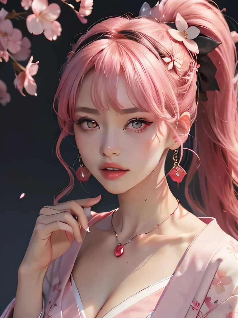 she is the cherry blossom spirit、pink eyes、pink hair、close up of face、pink eyebrows、pink teeth、pink fang、big ears、cherry blossom hair ornament、cherry blossom necklace、Cherry earrings、beautiful clavicle、ponytail、deep pink eyes、pink kimono showing collarbone、cherry blossom fairy、wing、cherry blossom background、red eyes、Cherry Headband、she is a pink fairy、妖精のwing根、stern look、angerの表現、anger、cherry blossom tattoo on neck、angerの牙が見える、very grim face、Braid、night background、黒にcherry blossom background、pink eyes、