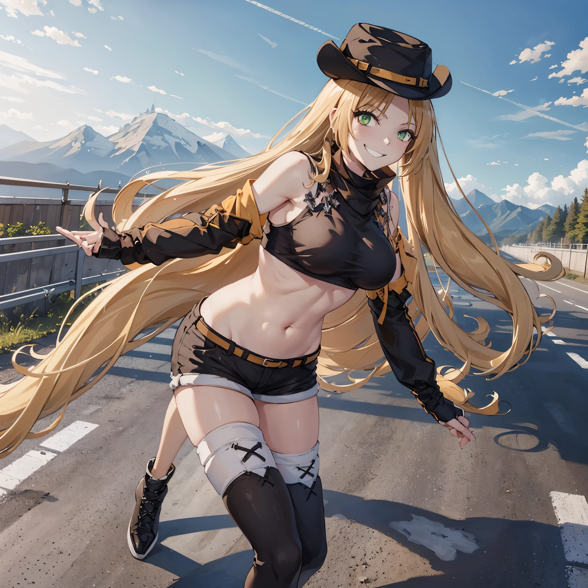 A woman with a black sleeveless shirt, with her belly exposed, short black shorts, long blonde hair, green eyes, black hat, smiling, big breasts, on a concrete road, with a rock mountain in the background, at sunset, 8k, maximum quality, work of art.

