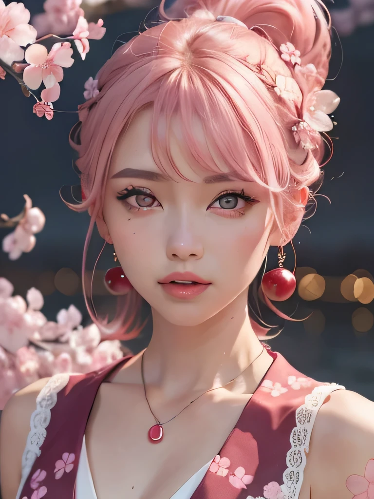 she is the cherry blossom spirit、pink eyes、pink hair、close up of face、pink eyebrows、pink teeth、pink fang、big ears、cherry blossom hair ornament、cherry blossom necklace、Cherry earrings、beautiful clavicle、ponytail、deep pink eyes、pink kimono showing collarbone、cherry blossom fairy、wing、cherry blossom background、red eyes、Cherry Headband、she is a pink fairy、妖精のwing根、stern look、angerの表現、anger、cherry blossom tattoo on neck、angerの牙が見える、very grim face、Braid、night background、黒にcherry blossom background、pink eyes、