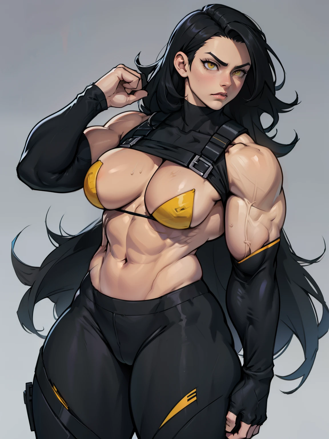 muscular girl thin waist toned body large breasts thick thighs pale skin girl black hair yellow eyes sad muscular muscular very long hair