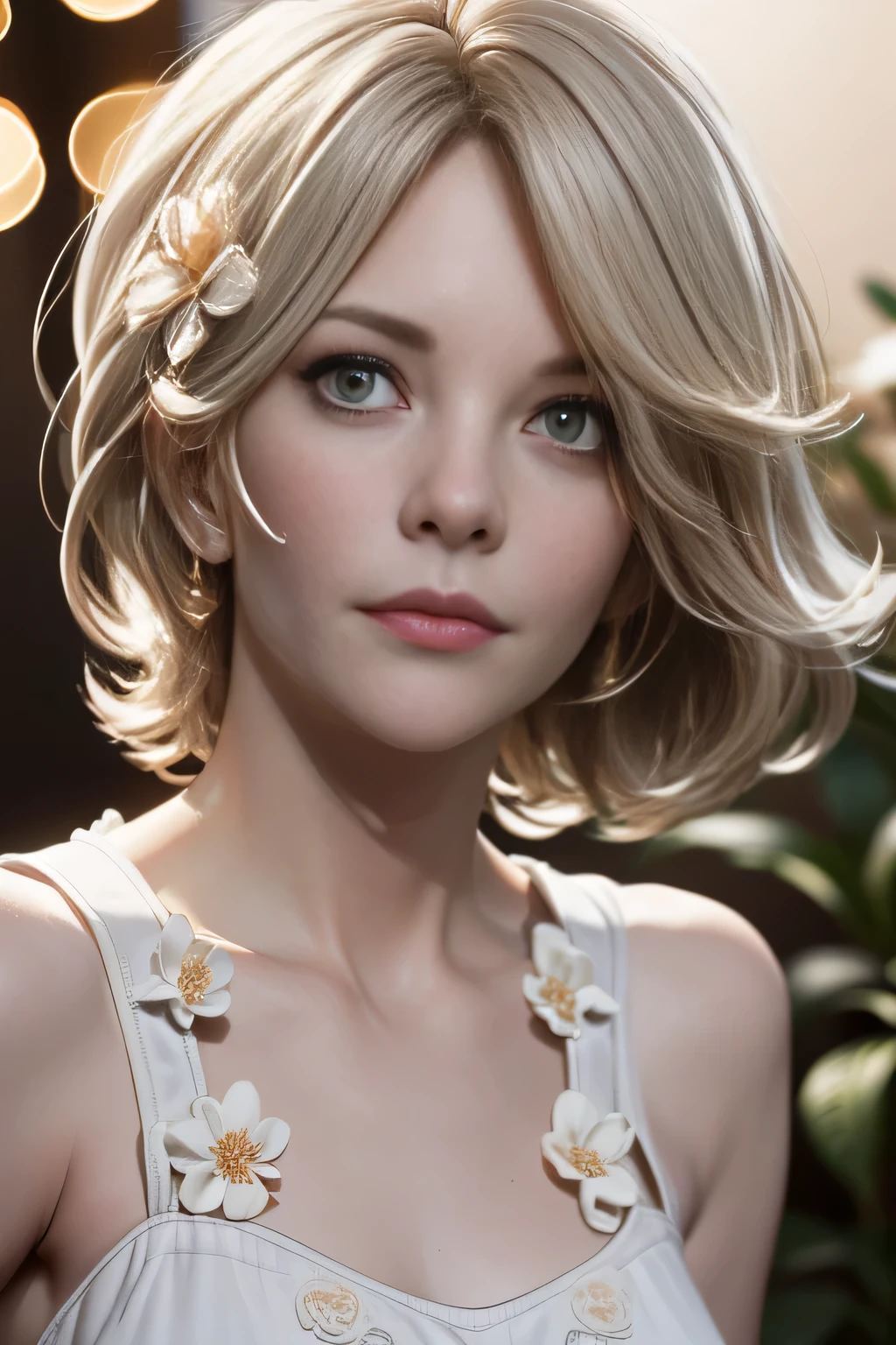 photo of Meg ryan, RAW, beautiful woman, ((portrait)), ((detailed face:1.2)), ((detailed facial feature, detailed skin, clear skin), (perfect proportioned body), ((wearing a light colored dress. A white sundress, floral pattern sundress: 1.5)), (high detailed garden environment, pale skin, dark makeup: 1.5)), (high detailed pub, her front to us, frontview: 1.3), (realistic photo, best quality, detailed), (8k wallpaper), (cinematic lighting, dramatic lighting) (sharp focus, intricate)