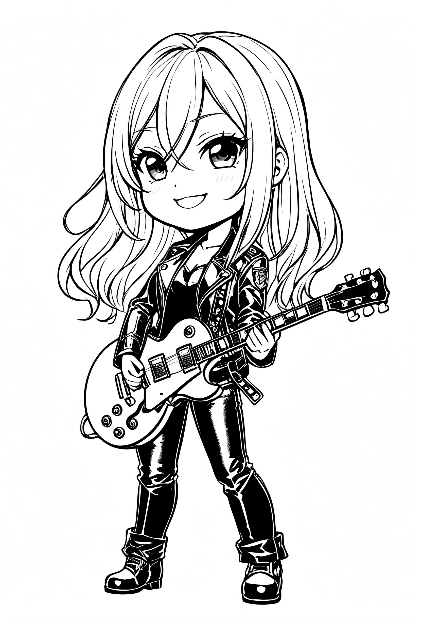 masterpiece, highest quality, High resolution / hire, Super detailed, shape, from before, cowboy shot, looking at the viewer, (chibi character:1.2), (1 female:1.2),straight long hair, leather pants, leather jacket, i have a les paul guitar, ((simple white background)), natural smile, standing pose,white background, monochrome, line drawing, ((sketch))
