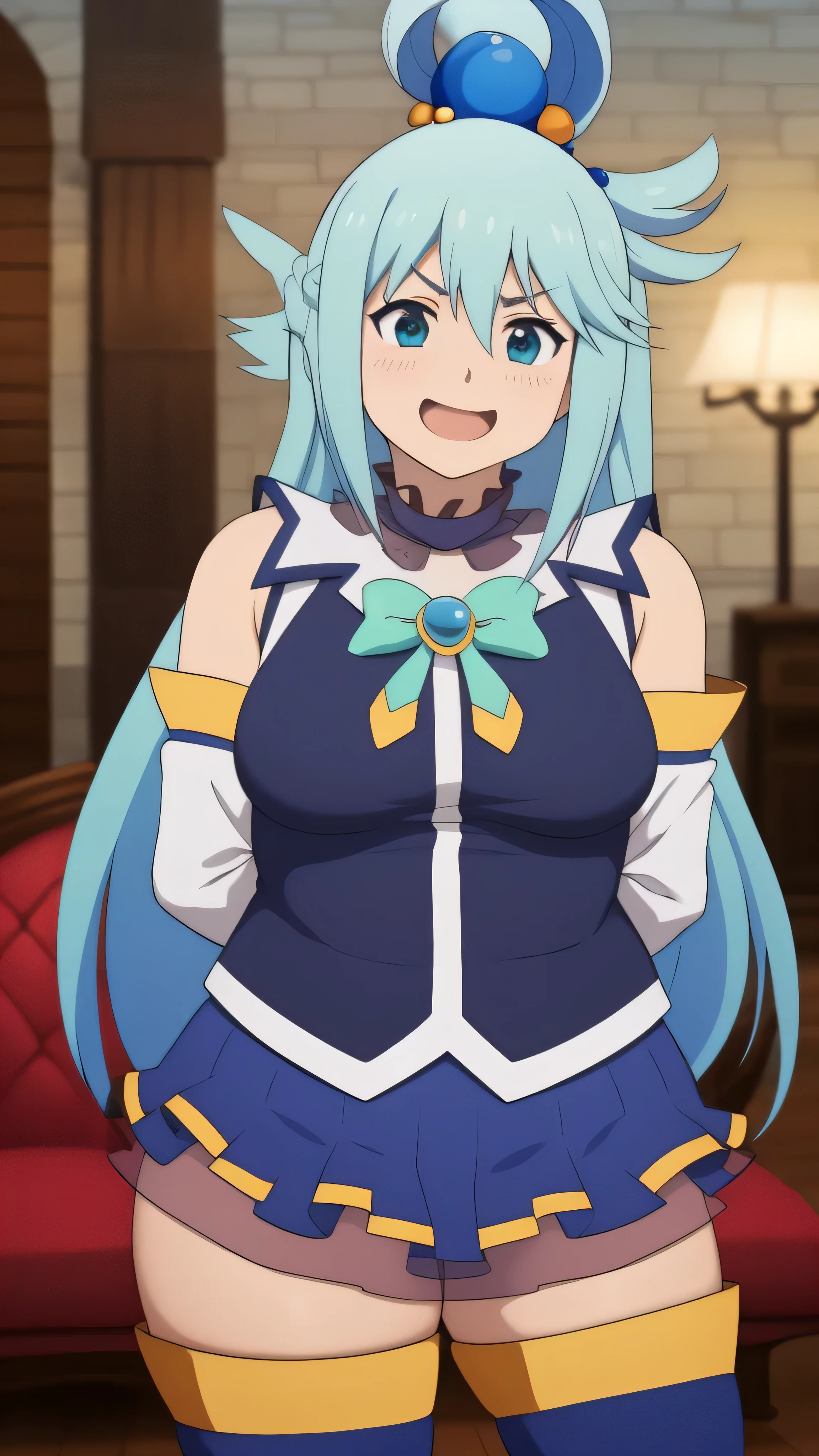 aqua \(konosuba\), ((high resolution)), obra de arte, alta qualidade, Melhor qualidade, lindo, Perfect Lighting, rosto detalhado, ultra cute face, (corar), ((1 garota)), ((Sozinho)), Mangas separadas, blusa azul, saia, botas de coxa, Hair ornament, anel de cabelo, cabelo longo, cabelo azul, (corar), sorriso sedutor, olhando para o espectador, standing, medium breasts, (quadris largos), ((coxas grossas)), gordinho, sala de estar, arms behind the back, Garota gorda, obeso