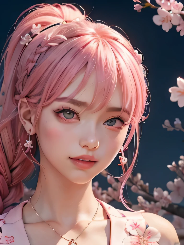 she is the cherry blossom spirit、pink eyes、pink hair、close up of face、pink eyebrows、pink teeth、pink fang、big ears、cherry blossom hair ornament、cherry blossom necklace、Cherry earrings、beautiful clavicle、ponytail、deep pink eyes、pink kimono showing collarbone、cherry blossom fairy、wing、cherry blossom background、red eyes、Cherry Headband、she is a pink fairy、妖精のwing根、stern look、angerの表現、anger、cherry blossom tattoo on neck、angerの牙が見える、very grim face、Braid、night background、黒にcherry blossom background、pink eyes、smile、