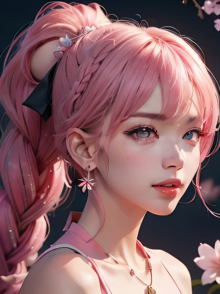she is the cherry blossom spirit、pink eyes、pink hair、close up of face、pink eyebrows、pink teeth、pink fang、big ears、cherry blossom hair ornament、cherry blossom necklace、Cherry earrings、beautiful clavicle、ponytail、deep pink eyes、pink kimono showing collarbone、cherry blossom fairy、wing、cherry blossom background、red eyes、Cherry Headband、she is a pink fairy、妖精のwing根、stern look、angerの表現、anger、cherry blossom tattoo on neck、angerの牙が見える、very grim face、Braid、night background、黒にcherry blossom background、pink eyes、smile、