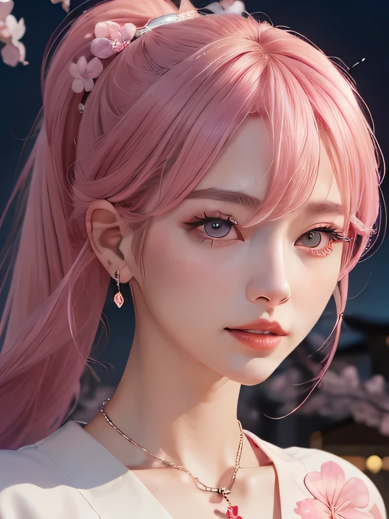 she is the cherry blossom spirit、pink eyes、pink hair、close up of face、pink eyebrows、pink teeth、pink fang、big ears、cherry blossom hair ornament、cherry blossom necklace、Cherry earrings、beautiful clavicle、ponytail、deep pink eyes、pink kimono showing collarbone、cherry blossom fairy、wing、cherry blossom background、red eyes、Cherry Headband、she is a pink fairy、妖精のwing根、stern look、angerの表現、anger、cherry blossom tattoo on neck、angerの牙が見える、very grim face、Braid、night background、黒にcherry blossom background、pink eyes、smile、