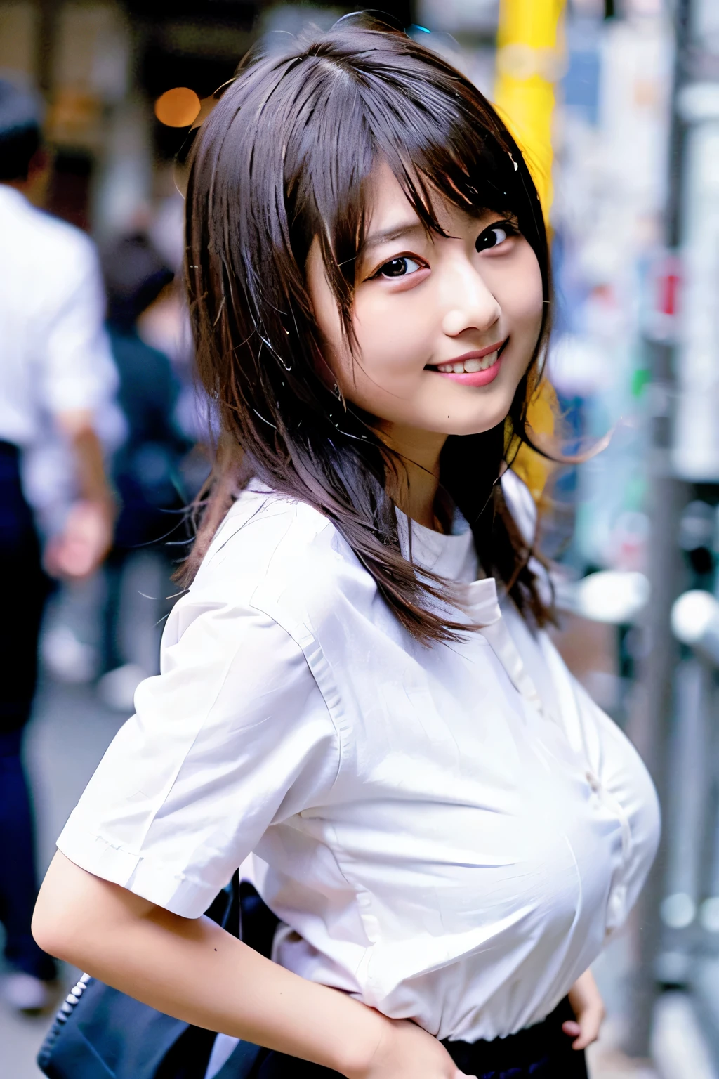 1 girl, on the road, Japan teenager, body turns sideways, smile, tight white button-down business shirt, hands behind your back, huge breasts, boyish hair, navy blue tight skirt, very thin waist, from the bottom angle, Eyes are looking at us,