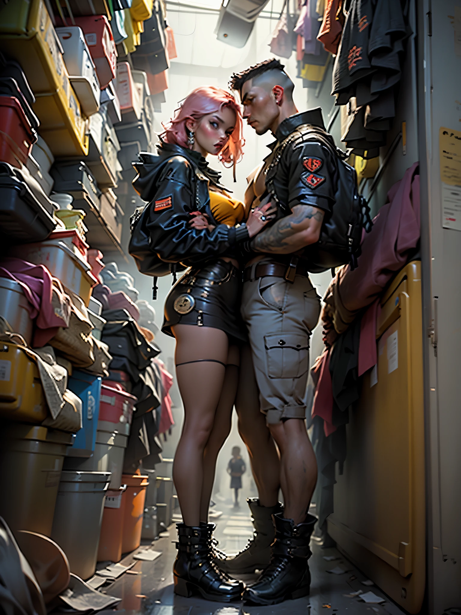 A couple posing for a picture, they are wearing (((punk style))) clothing, apocalyptic setting, Anatomically Correct, Masterpiece, 