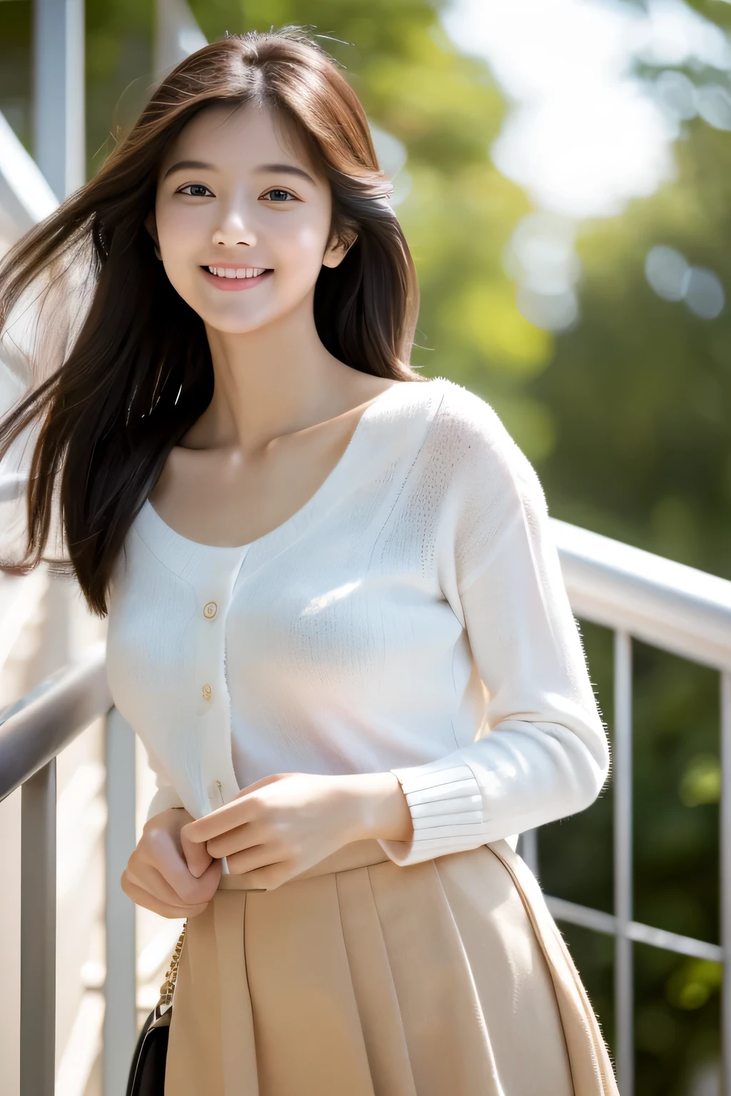 masterpiece, highest quality, Photoreal, Super detailed, finely, High resolution, 8k wallpaper, Professional, Advanced level of detail, Female college student watching soccer, Slender Japan woman, ((facing the front)), detailed clavicle, Medium chest、perfect face, medium long hair, soccer uniform、shorts、gentle smile
