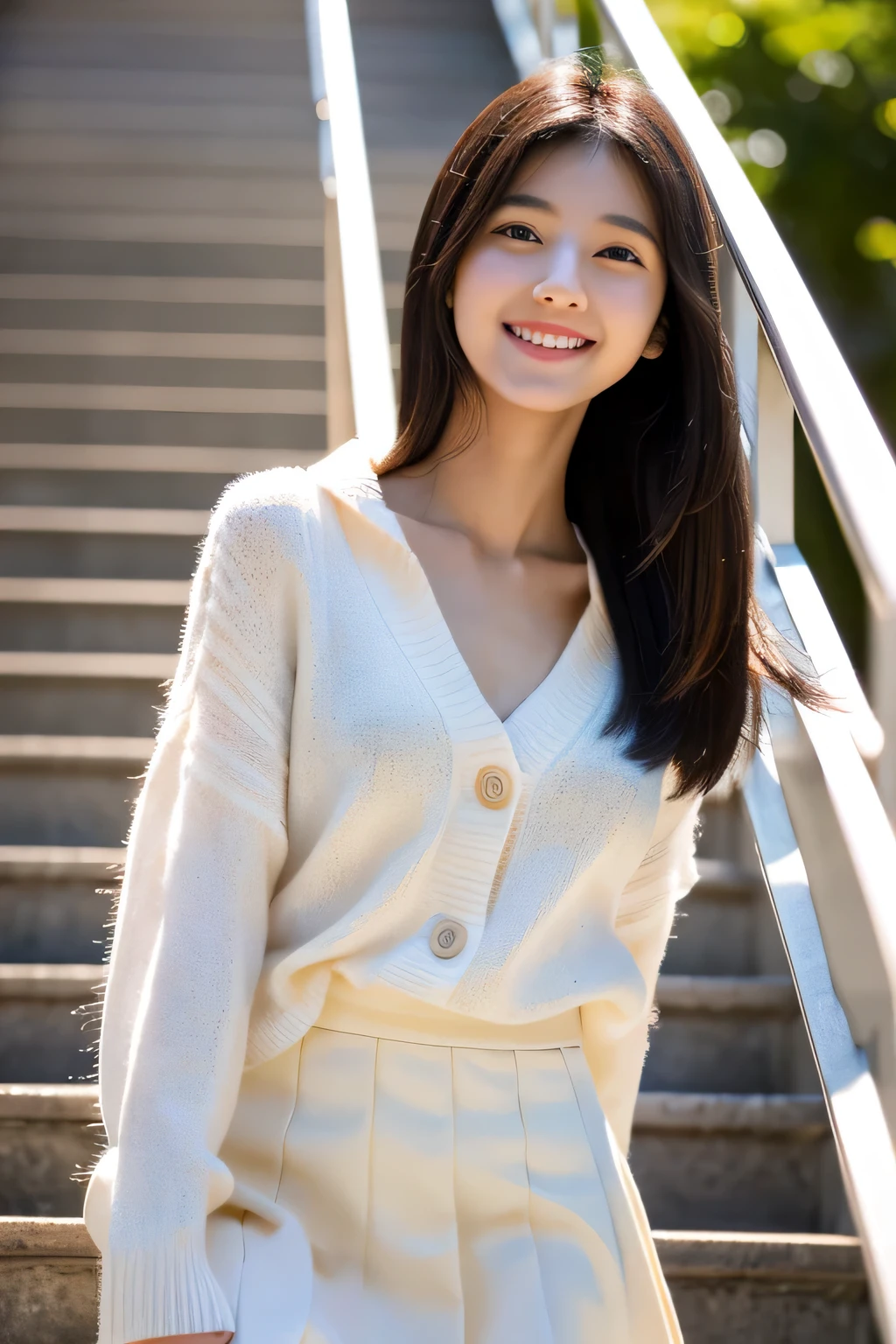 masterpiece, highest quality, Photoreal, Super detailed, finely, High resolution, 8k wallpaper, Professional, Advanced level of detail, Female college student standing on canvas stairs, slender Japanese woman, ((facing the front)), detailed clavicle, Medium chest、perfect face, straight hair, white sweater、Mini flared skirt fluttering in the wind、smile gently
