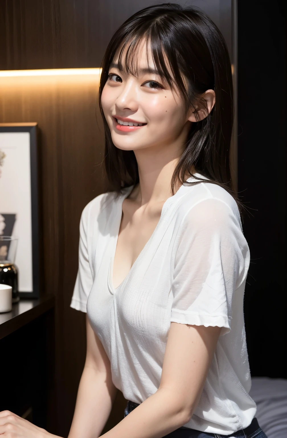 ((8K:1.27)、highest quality、masterpiece、ultra high resolution:1.2)photograph 、20-year-old、beautiful naked japanese woman(happy:1.1) (shirt:1.21)cute face、kind smile、1 girl、delicate skin、have bangs、Look at this、(Naughty and beautiful bust、1.0)、(middle breast wheel:0.8)、(real:1.4)、(highest quality:1.0)、(ultra high resolution:1.0)、8K、生photograph、(masterpiece:0.2)、(pureerosface_v1:0.5)、hotel bed at night、pitch darkness、subject、naughty atmosphere、