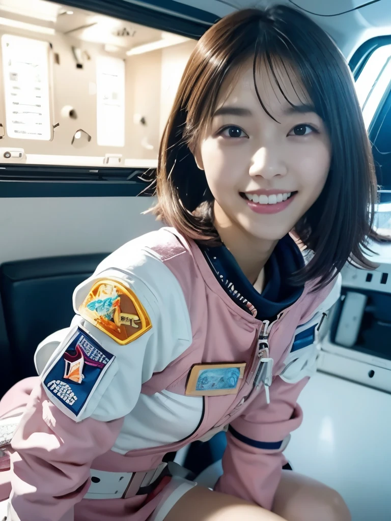 NSFW,highest quality,excellent details,ultra high resolution,japanese girl, bob hair, smile,teeth,looking at camera,astronaut,Close-fitting pink and white pilot suit,mini skirt,Inside the spaceship,blue round earth,{{{in space:2.0}}},Lots of stars shine