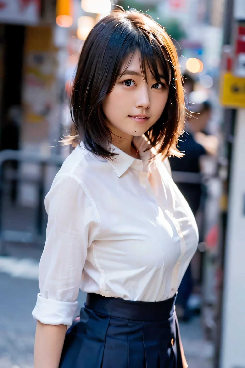 1 girl, on the road, Japan teenager, body turns sideways, smile, tight white button-down business shirt, hands behind your back, very big breasts, boyish hair, navy blue tight skirt, very thin waist, from the bottom angle, Eyes are looking at us,