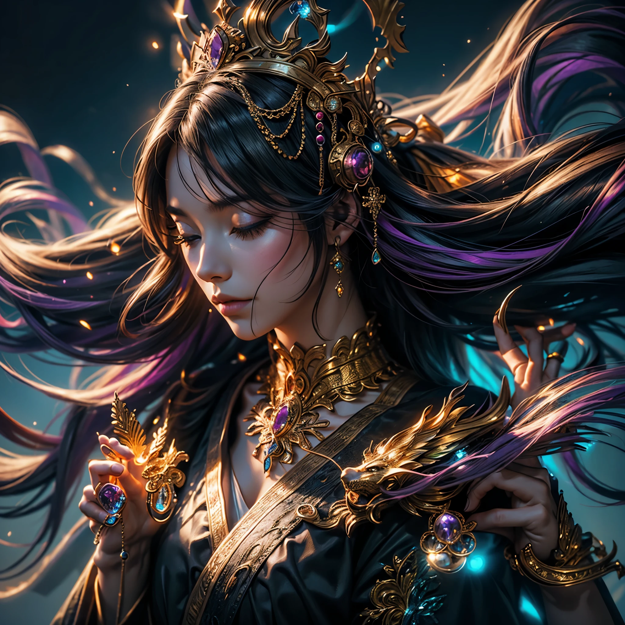 (masterpiece,k hd,hyper HD,16k)Long flowing black hair,Gold jewelry area in the back room,Smoke ring girl ,Bronze Dragon Protector (realisticlying:1.4),Python pattern robe,Purple-pink tiara,Snowflakes fluttering,The background is pure,Hold your head high,Be proud,The nostrils look at people, A high resolution, the detail, RAW photogr, Sharp Re, Nikon D850 Film Stock Photo by Jefferies Lee 4 Kodak Portra 400 Camera F1.6 shots, Rich colors, ultra-realistic vivid textures, Dramatic lighting, Unreal Engine Art Station Trend, cinestir 800,Hold your head high,Be proud,The nostrils look at people