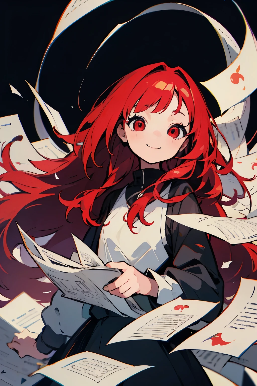 ((masterpiece,highest quality)),8k wallpaper,girl, long hair, redhead, alone, red eyes, looking at the viewer, long sleeve, smile, floating hair, Upper body, outdoor,Lots of paper