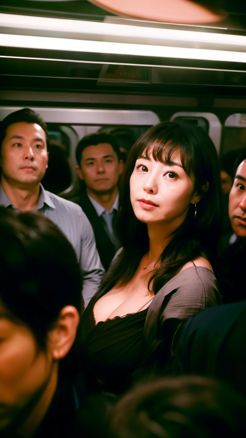 Take pictures from very far away and out of focus、Out of focus boroid photo、Inside a crowded train with dark lighting、A Japanese woman with very large breasts surrounded by a group of middle-aged men