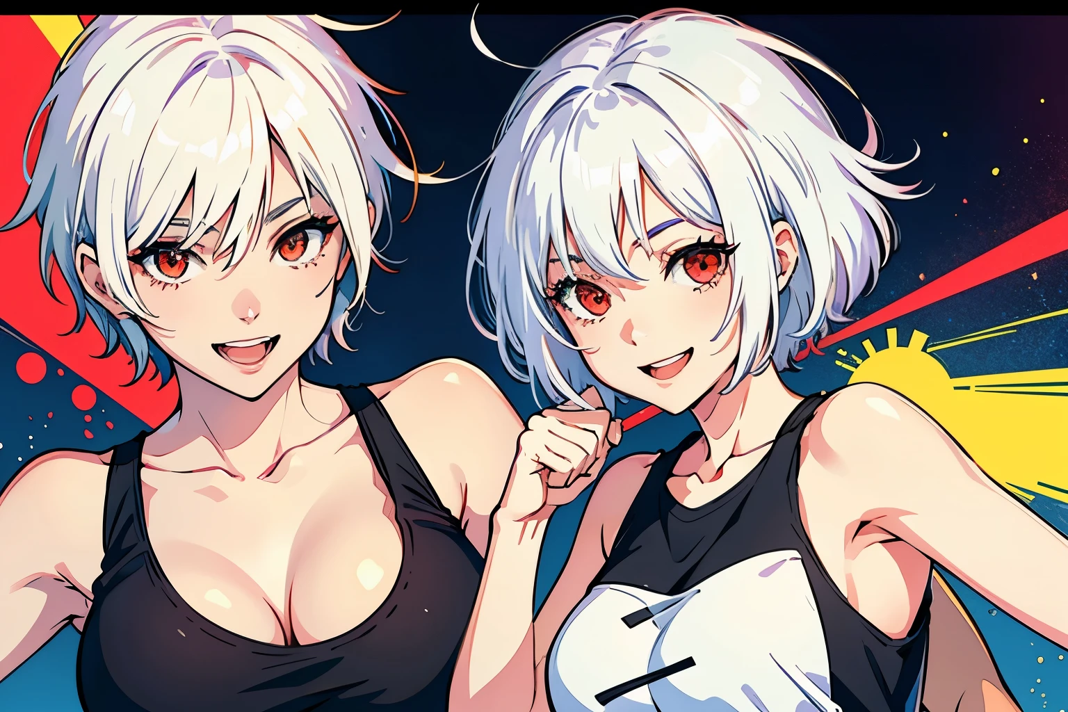 best quality, realistic:1.37, ultra-detailed, an anime girl in the summer, white hair, short hair, tomboy hair, red eyes, detailed eyes, beautiful, smile, laugh, bright smile, charming, black tank top, large breasts