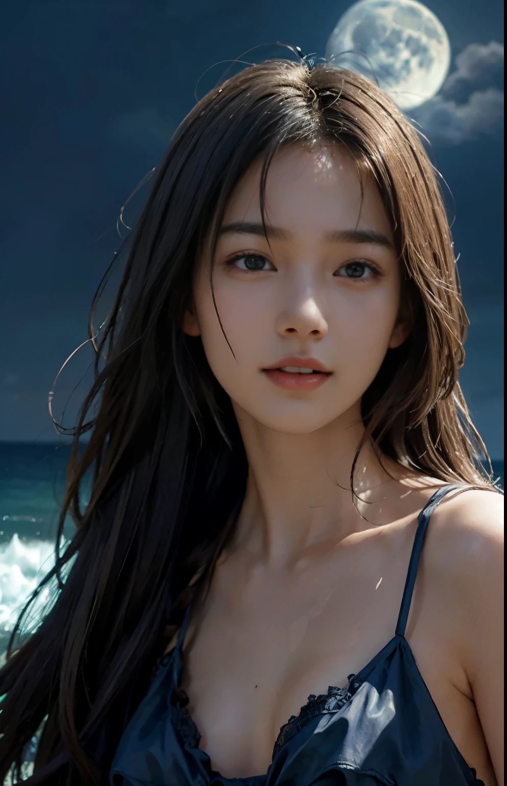 (A hyper-realistic), (illustratio), (hight resolution), (8K), (ighly detailed), (The best illustrations), (beatiful detailed eyes), (top-quality), (ultra-detailliert), (masterpiece), (detailed face), droopy eyes,full of sweat, slender body, long hair,inner colored,solo,Girl in simple dark bikini, huge , smile, ocean at night, moon